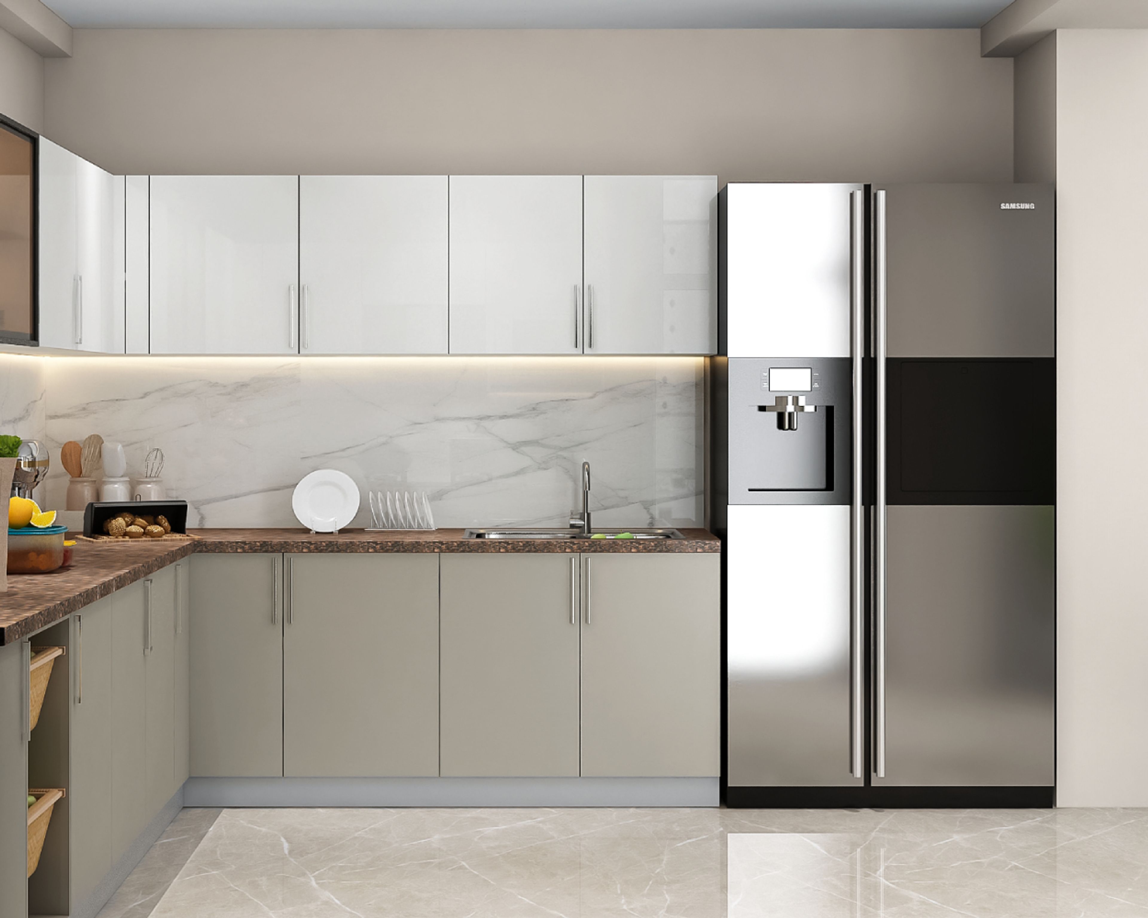 U-shaped kitchen design with grey fridge