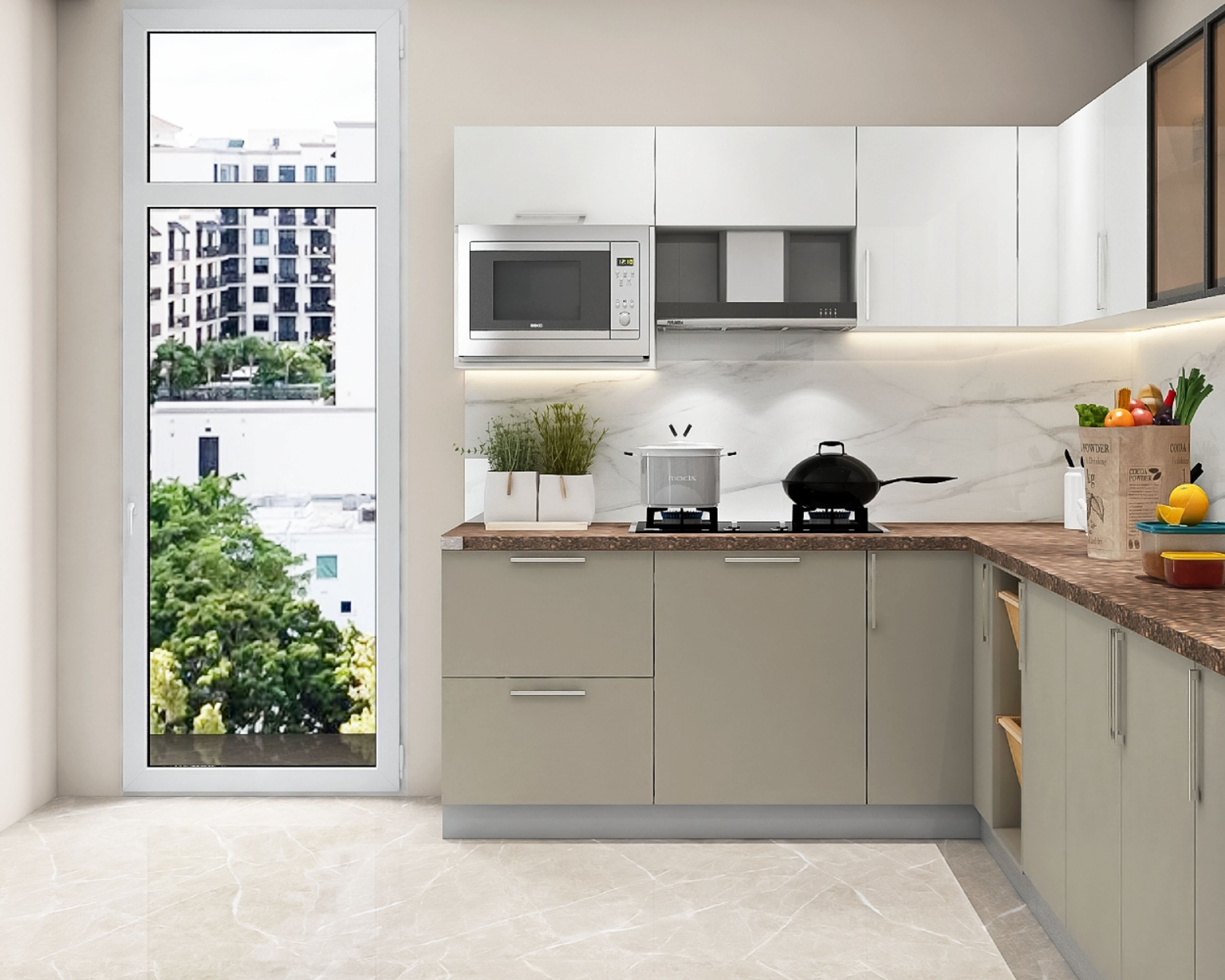 U-shaped kitchen design with brown countertop