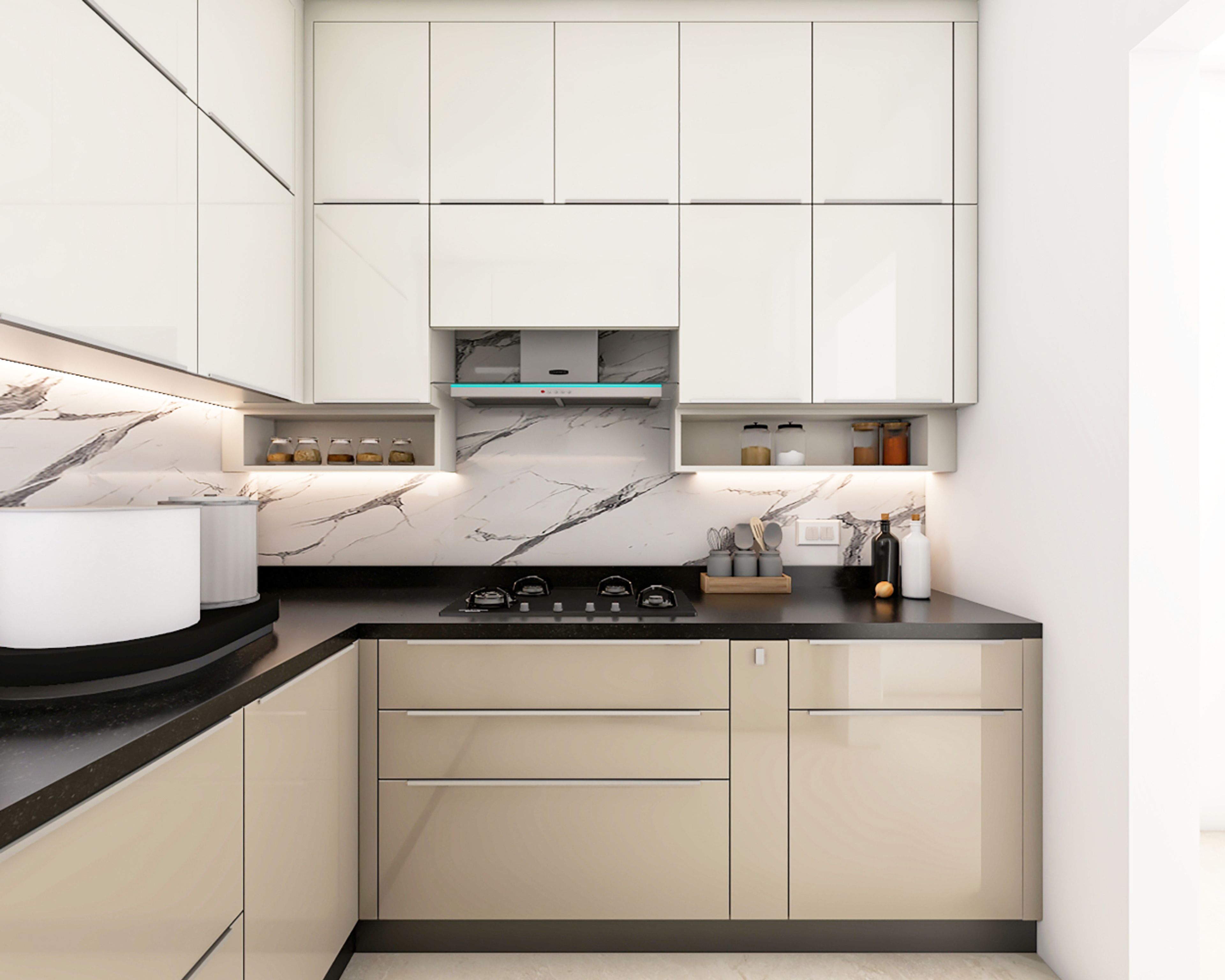 U-shaped kitchen design with beige cabinets