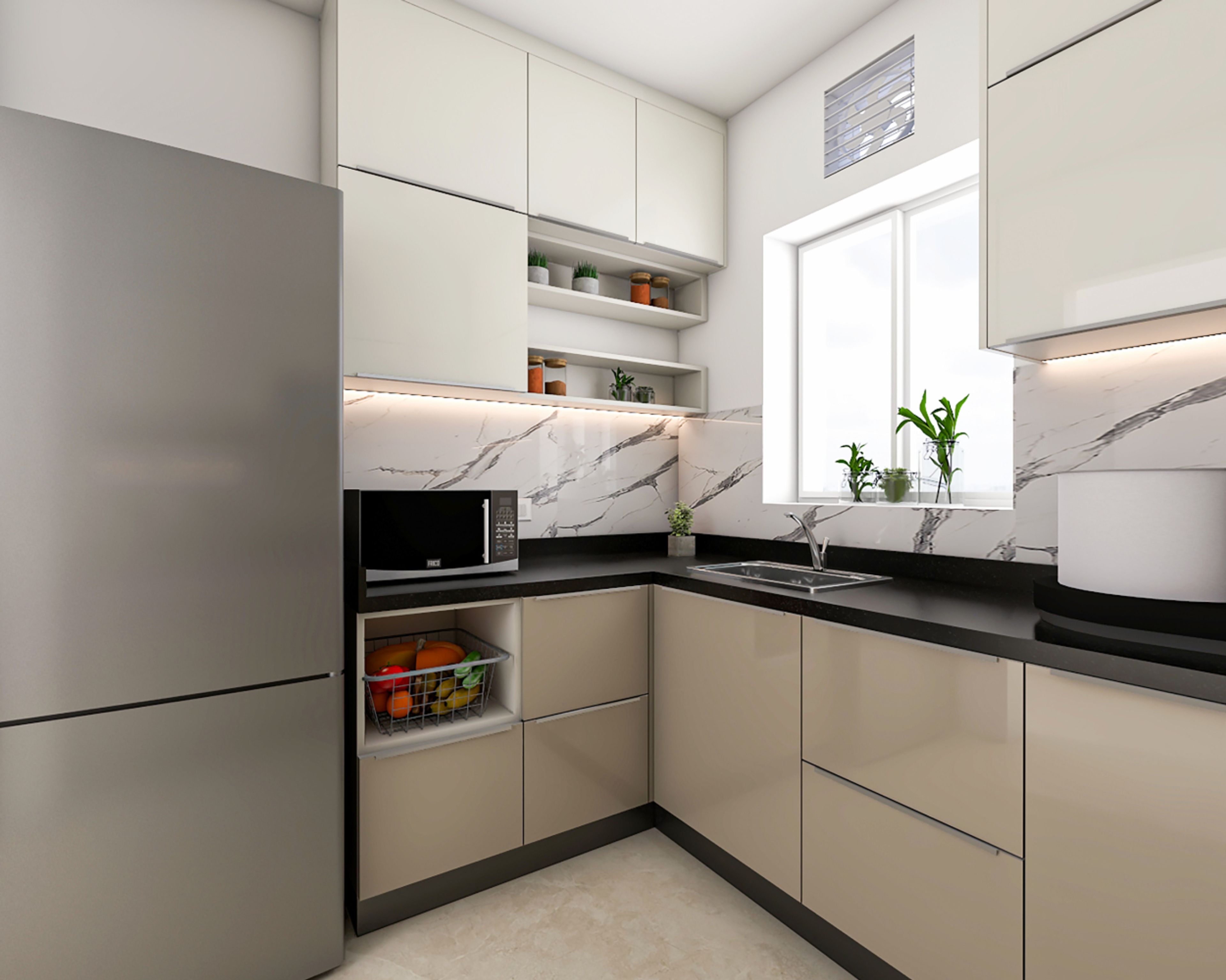 U-shaped kitchen design with grey fridge
