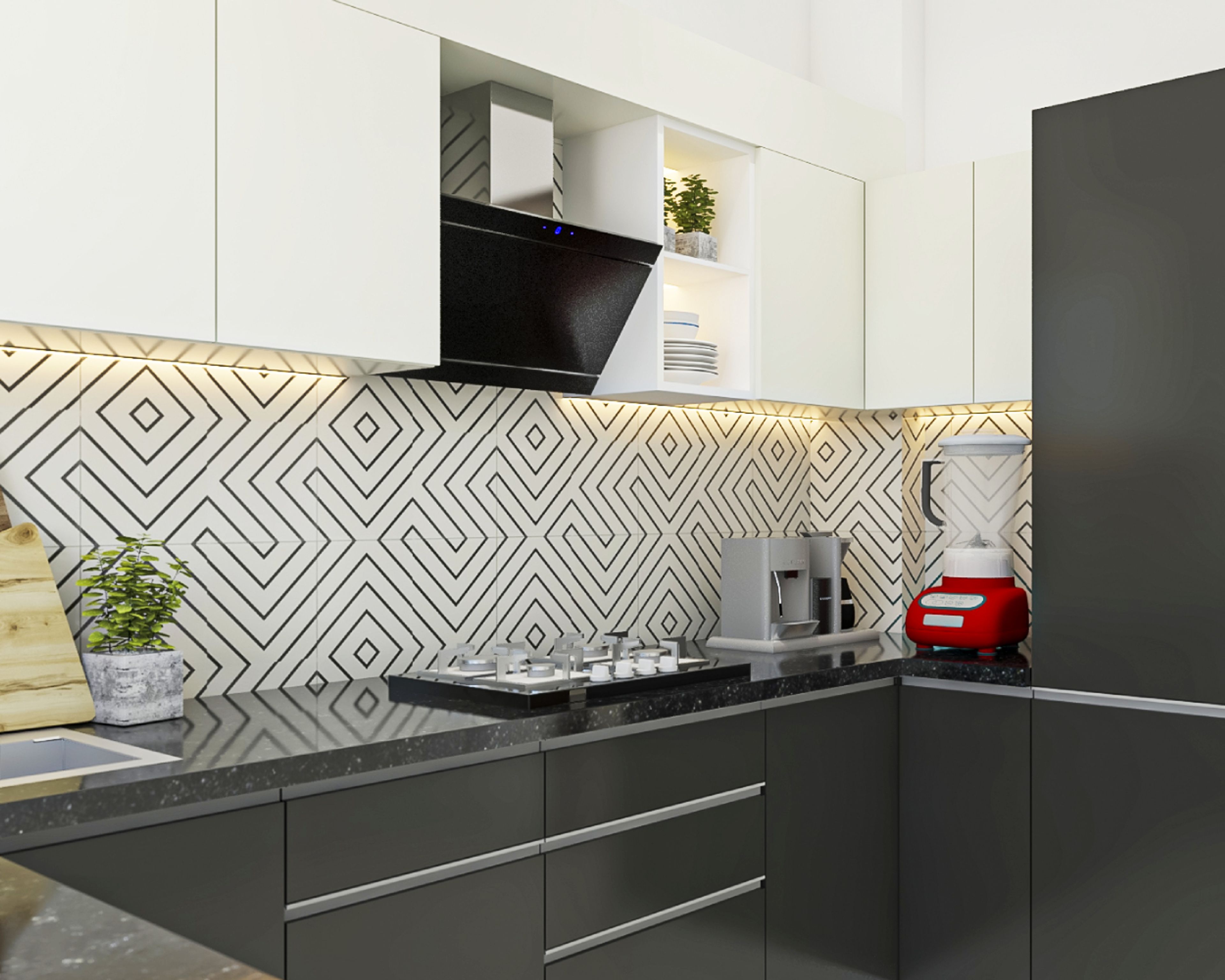 U-shaped kitchen design with white loft unit