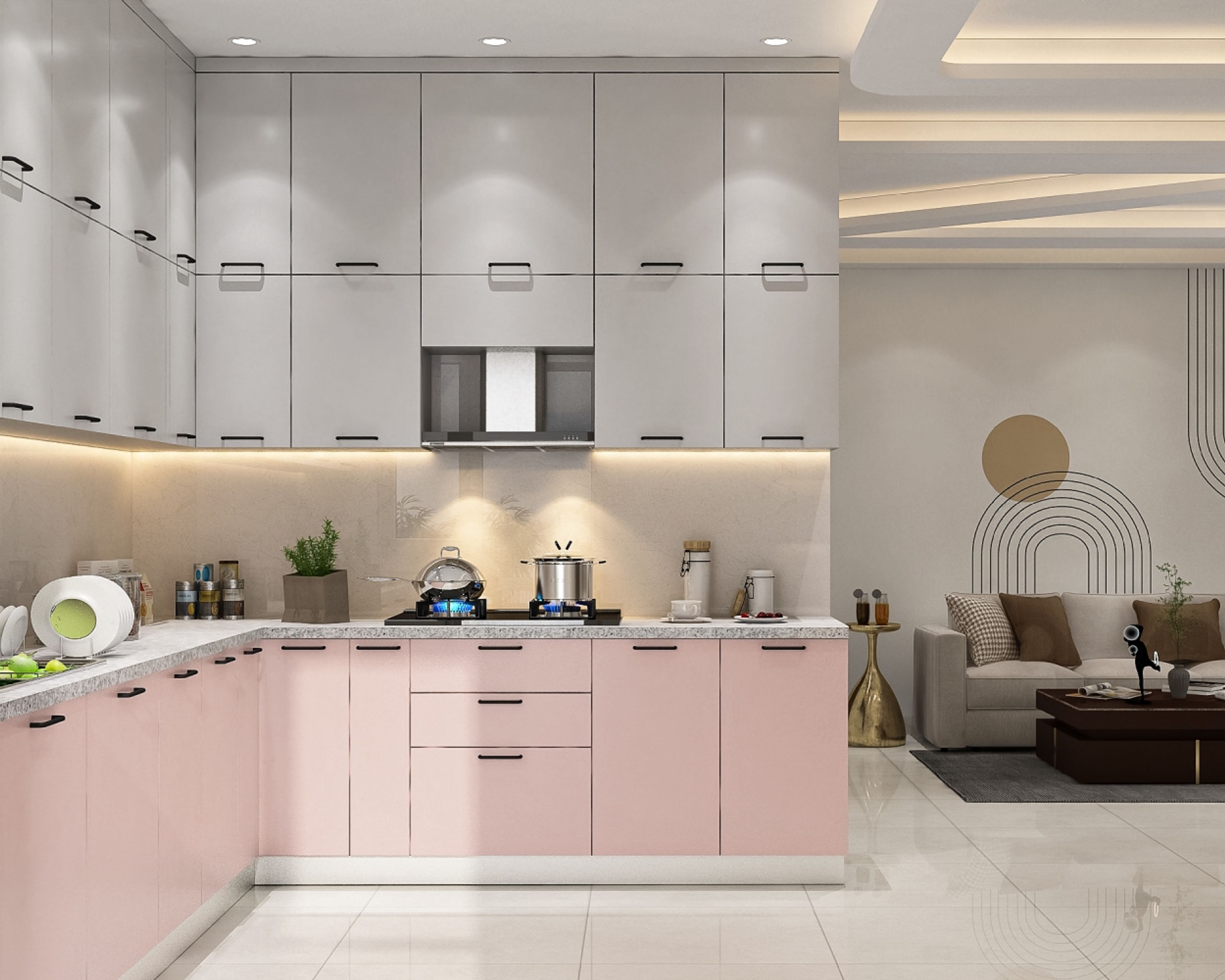 Pink cabinets and white loft units