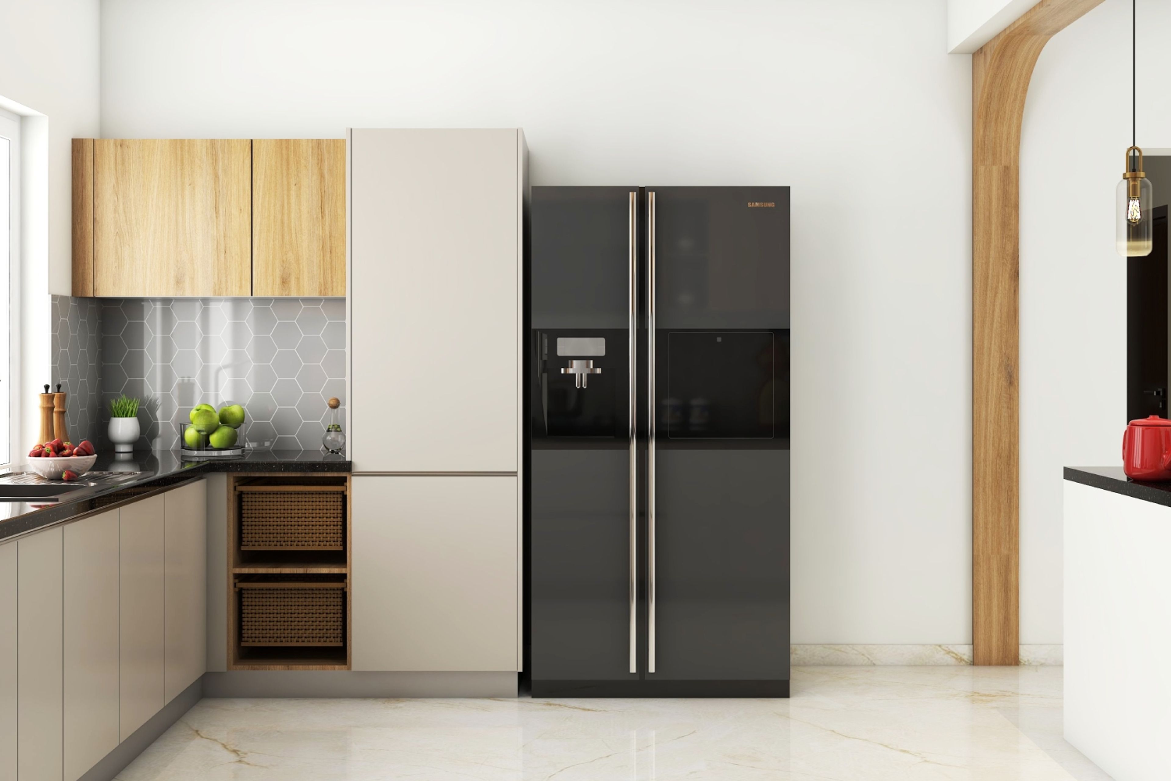 L-shaped kitchen design with black refrigerator