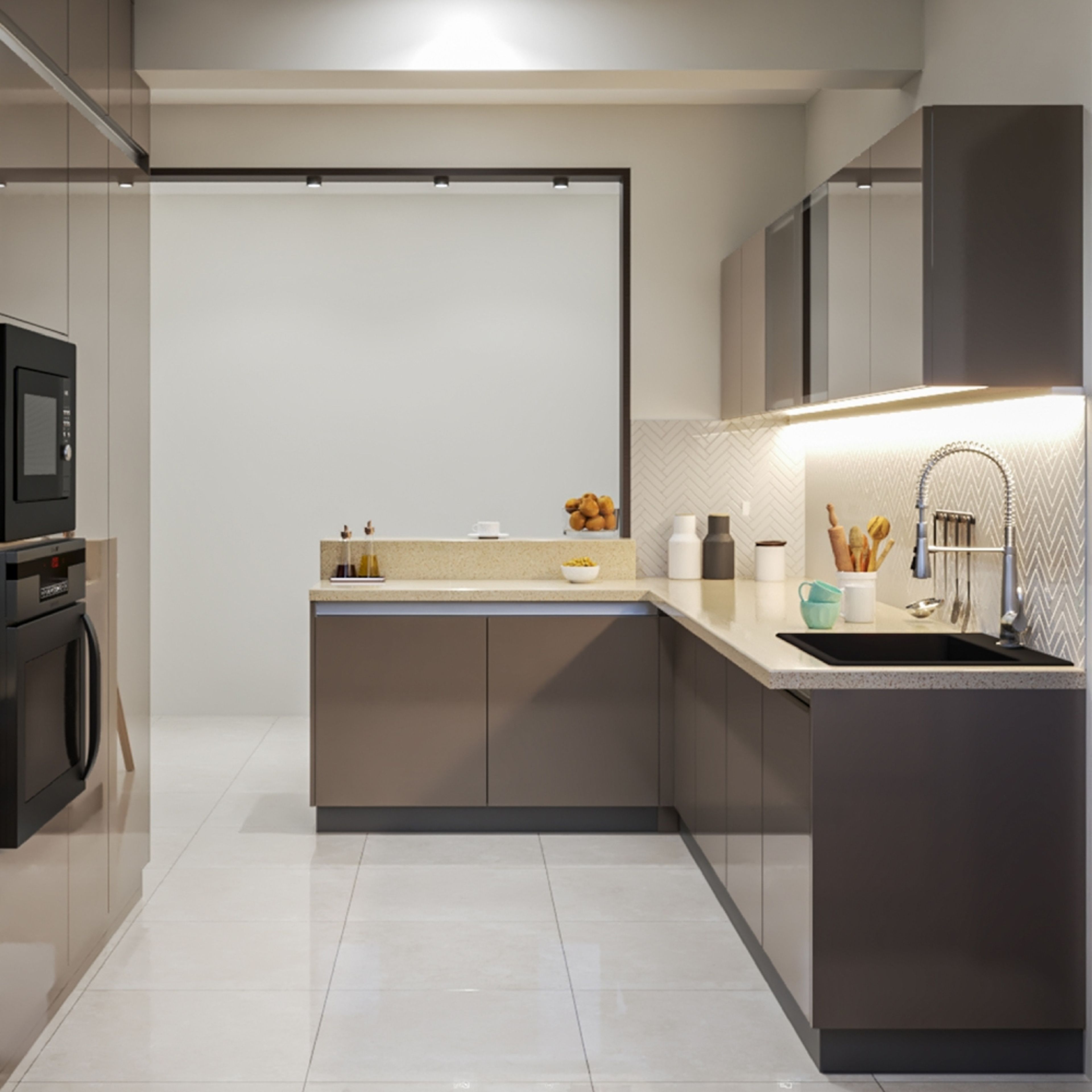 L-Shaped Modular Tan Kitchen Cabinets