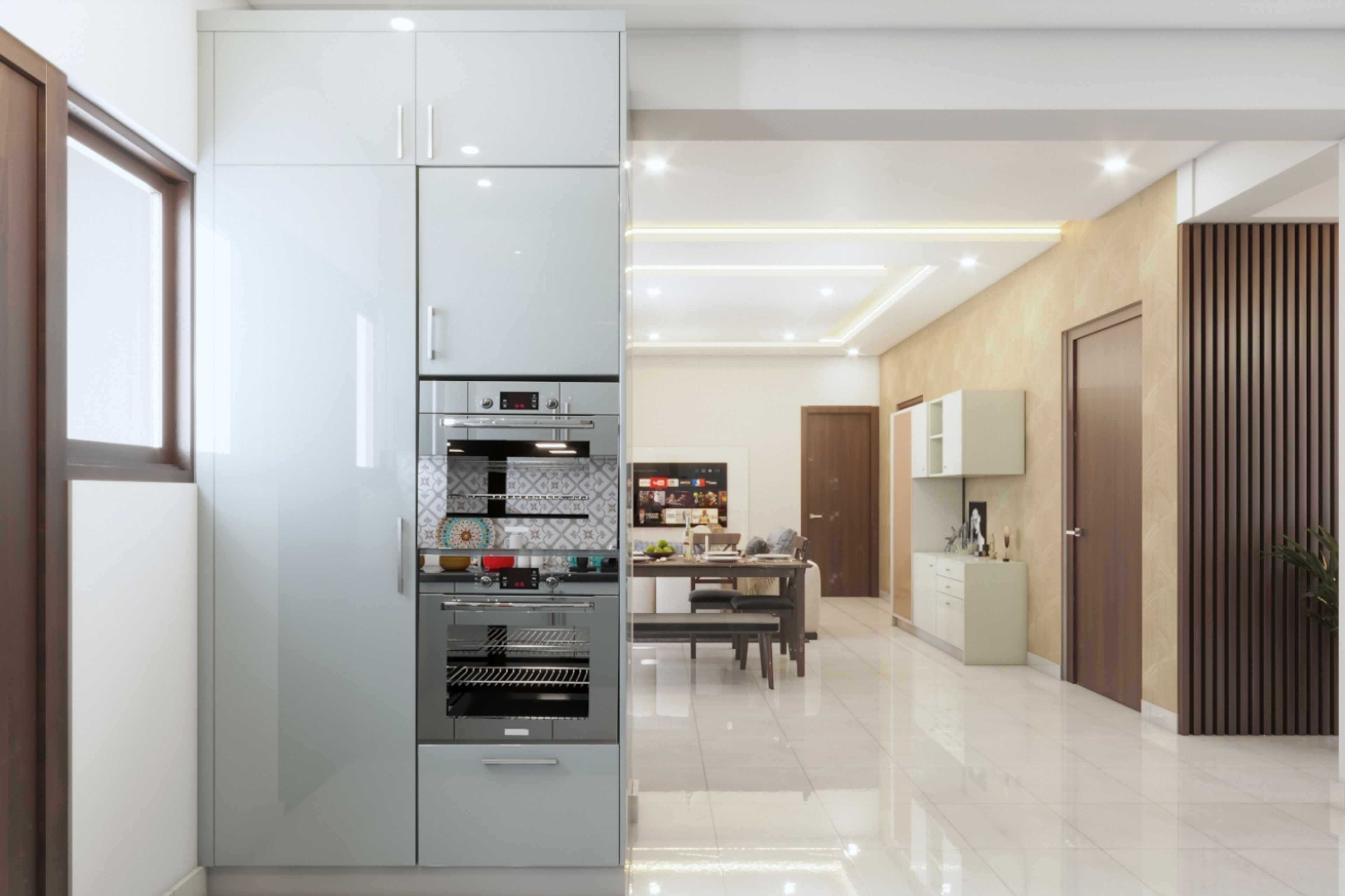 Parallel Kitchen Design with White Tall Unit