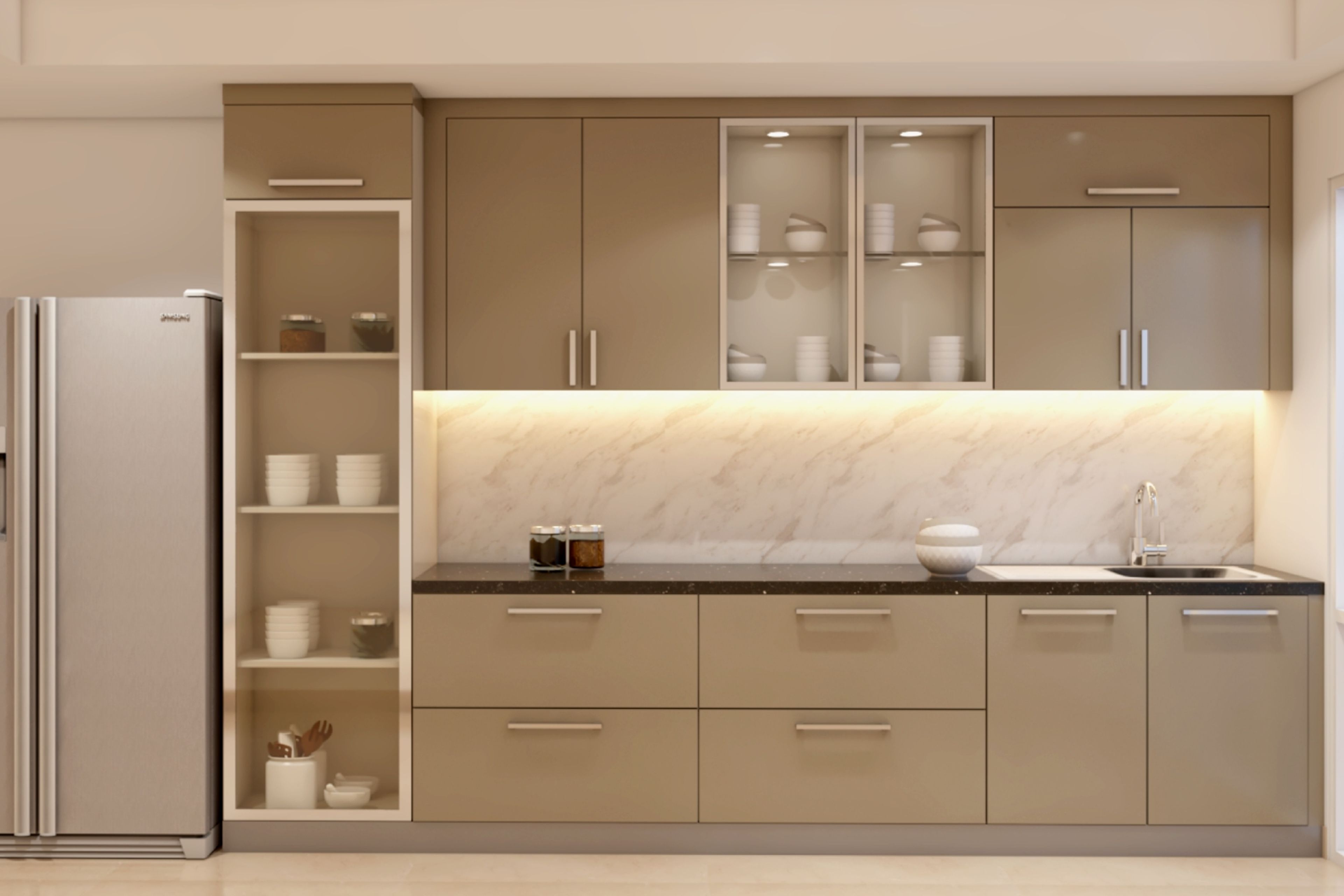 Parallel Kitchen Design with Open Tall Unit