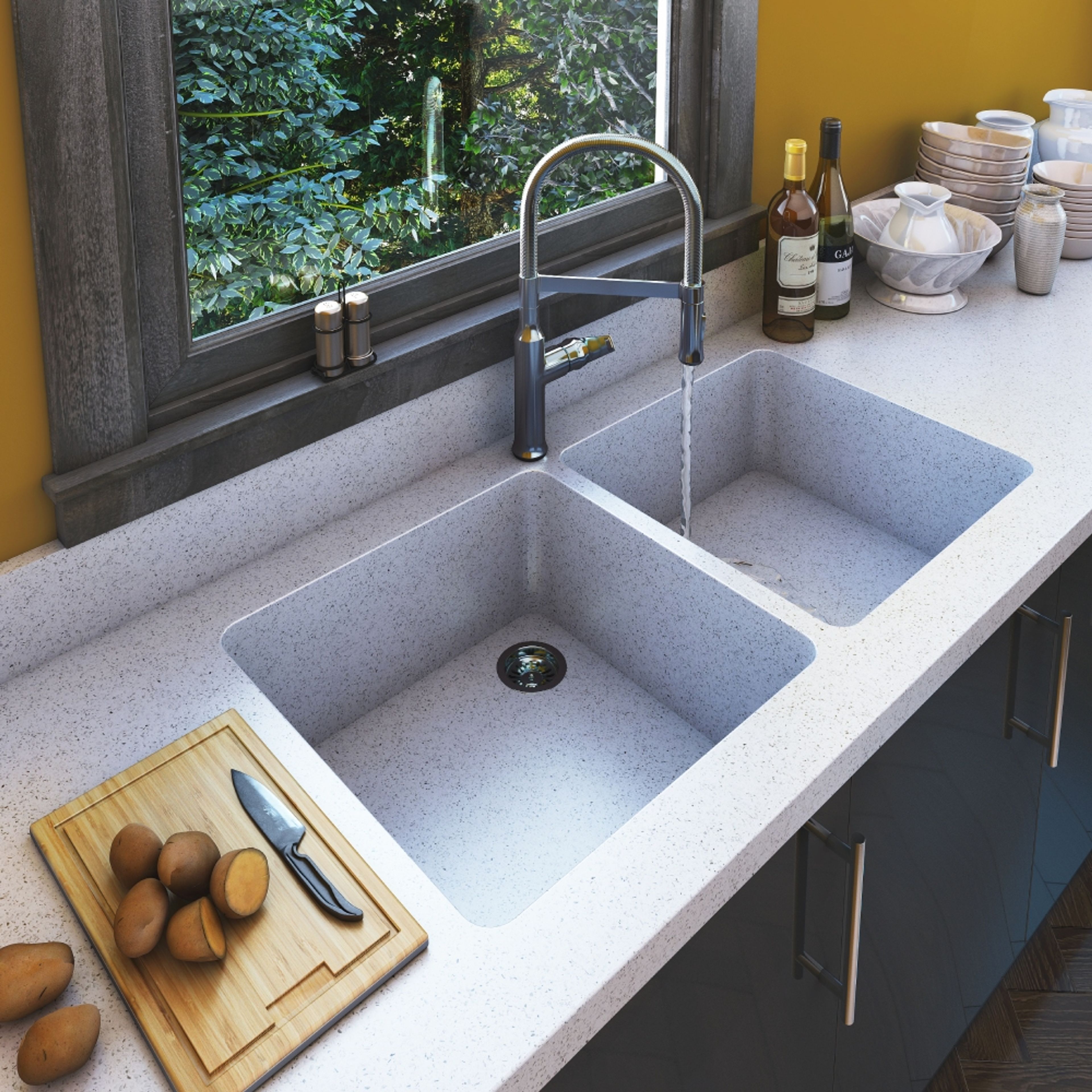 Porcelain Double Bowl Kitchen Sink Design in Integrated Counter Design