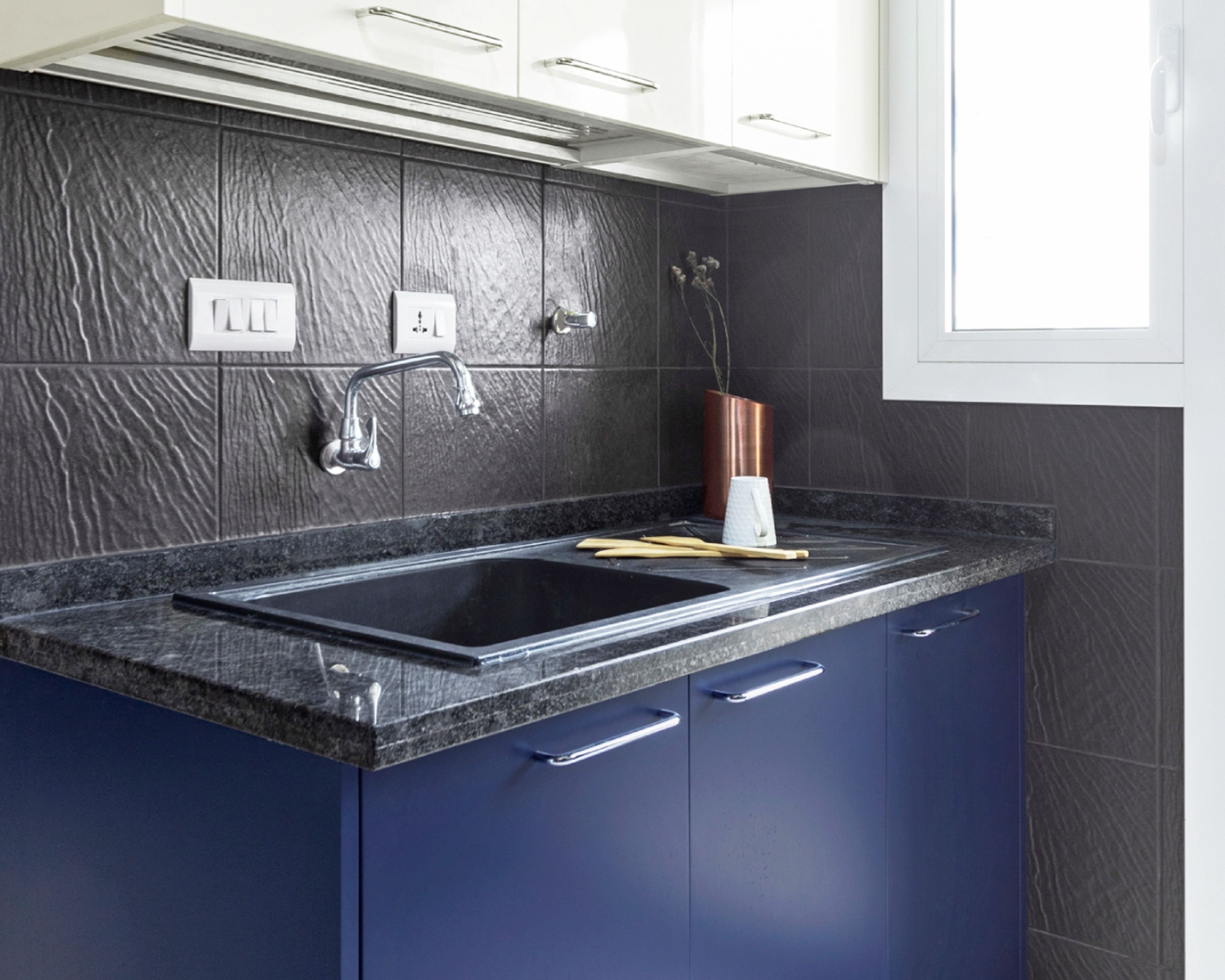 Contemporary Quartz Top Mount Basin Wash With Drainboard And Dark Blue Cabinets