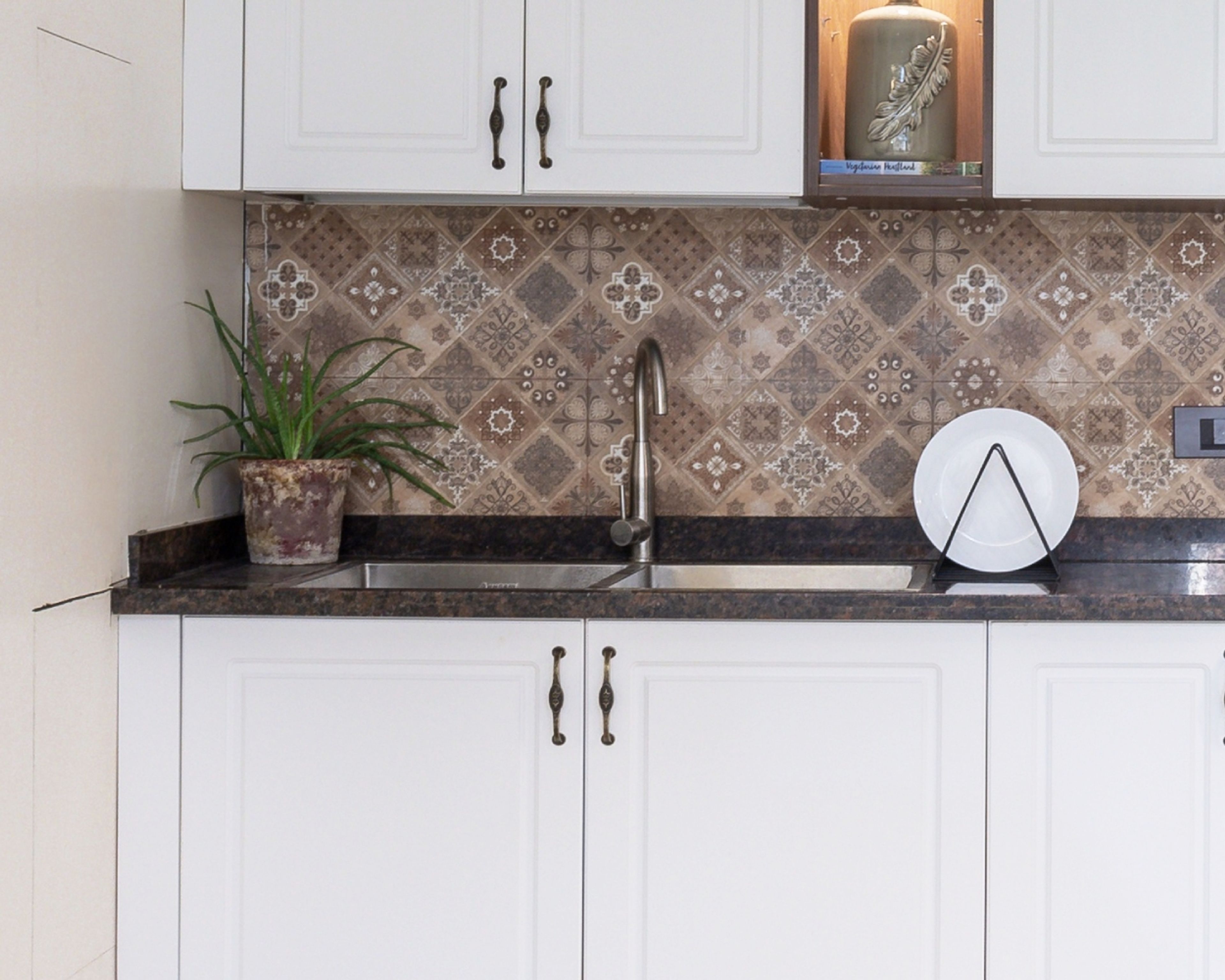 Bohemian Stainless Steel Kitchen Sink With Brown-Toned Moroccan Dado Tiles