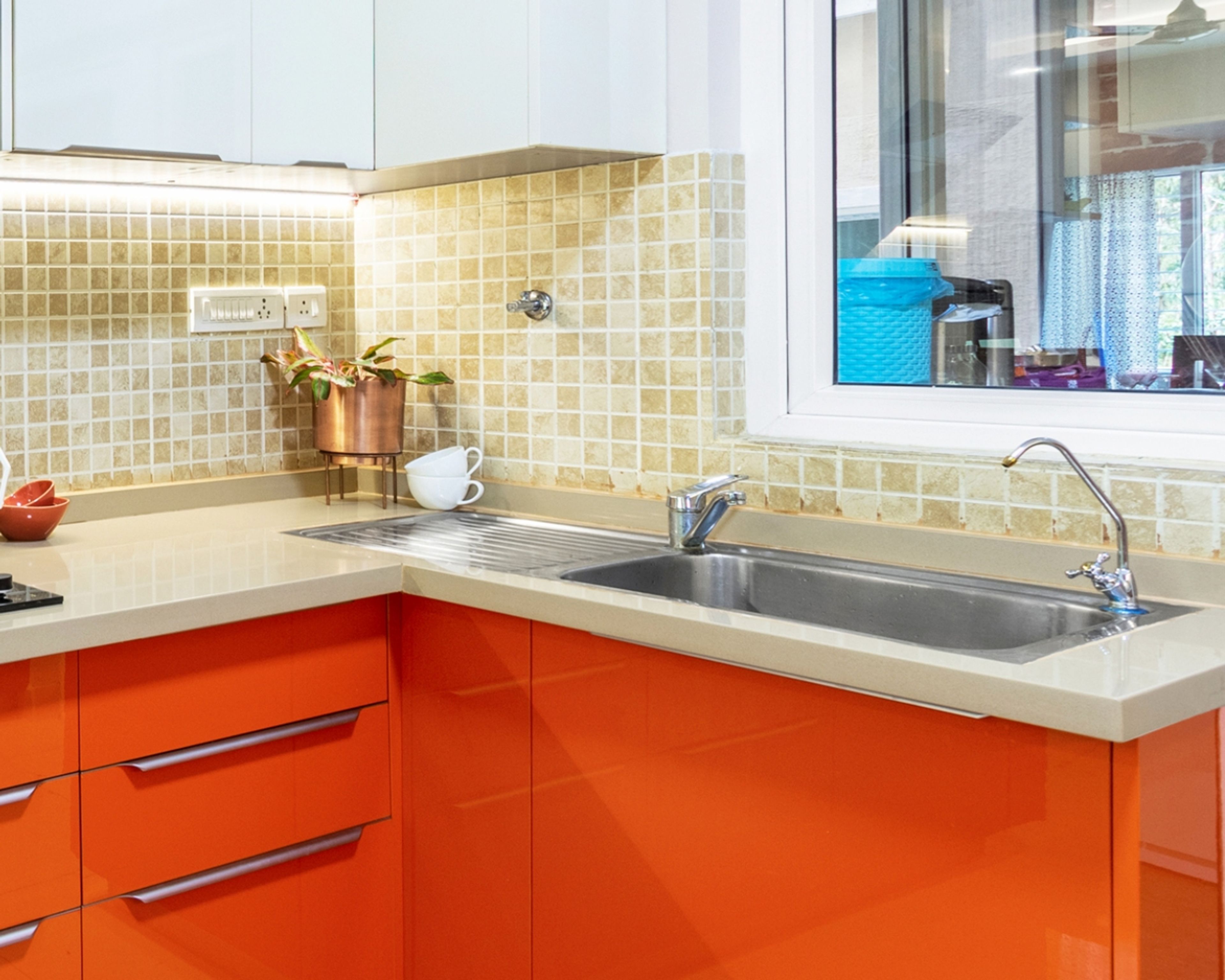 Modern Stainless Steel Sink Kitchen Design With Drainboard And Orange Kitchen Cabinets