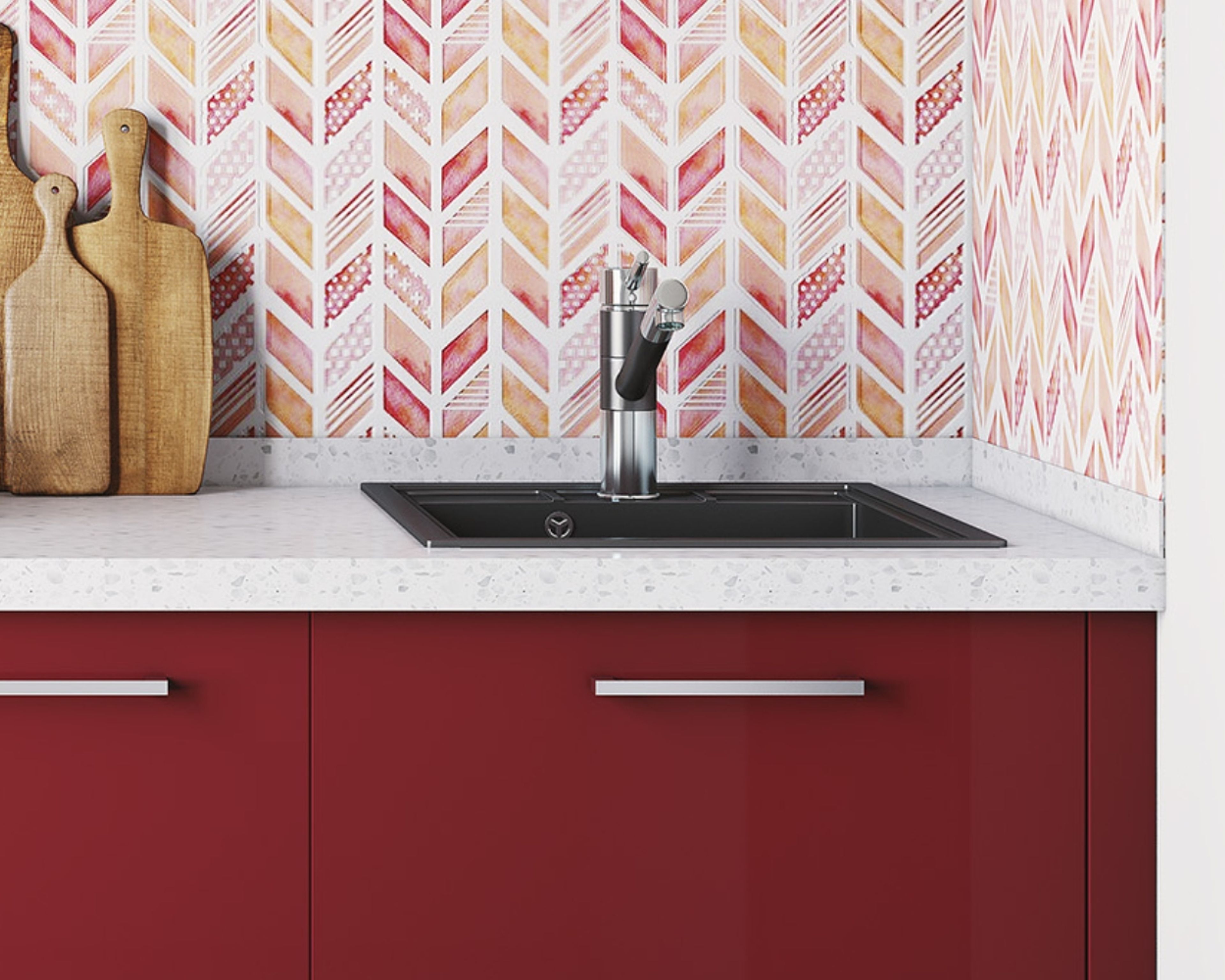 Modern Rectangle Black Quartz Basin Wash With Single Bowl And Red Kitchen Cabinets