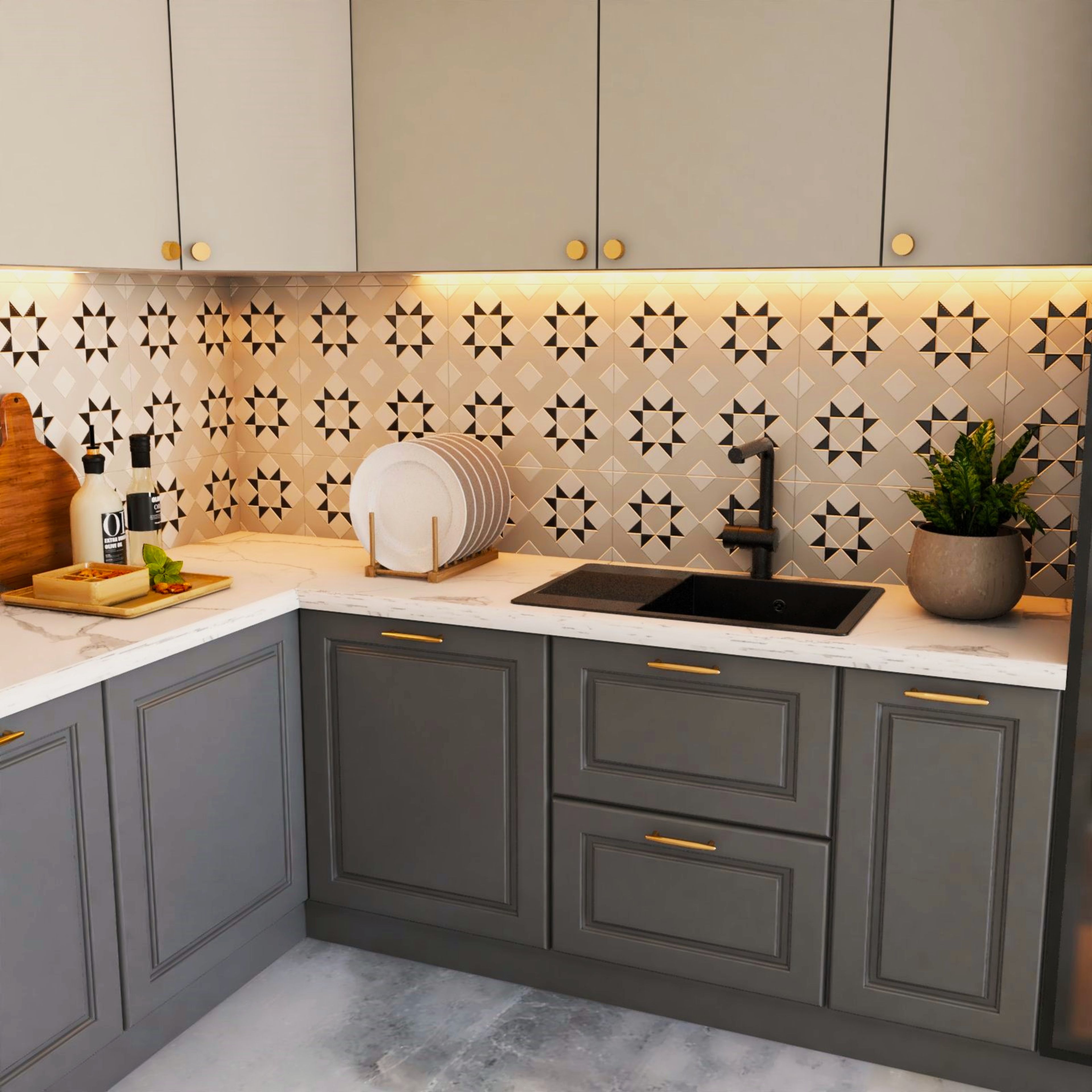 Classic Black Granite Top Mount Basin Wash With Grey And Champagne-Toned Kitchen Cabinets