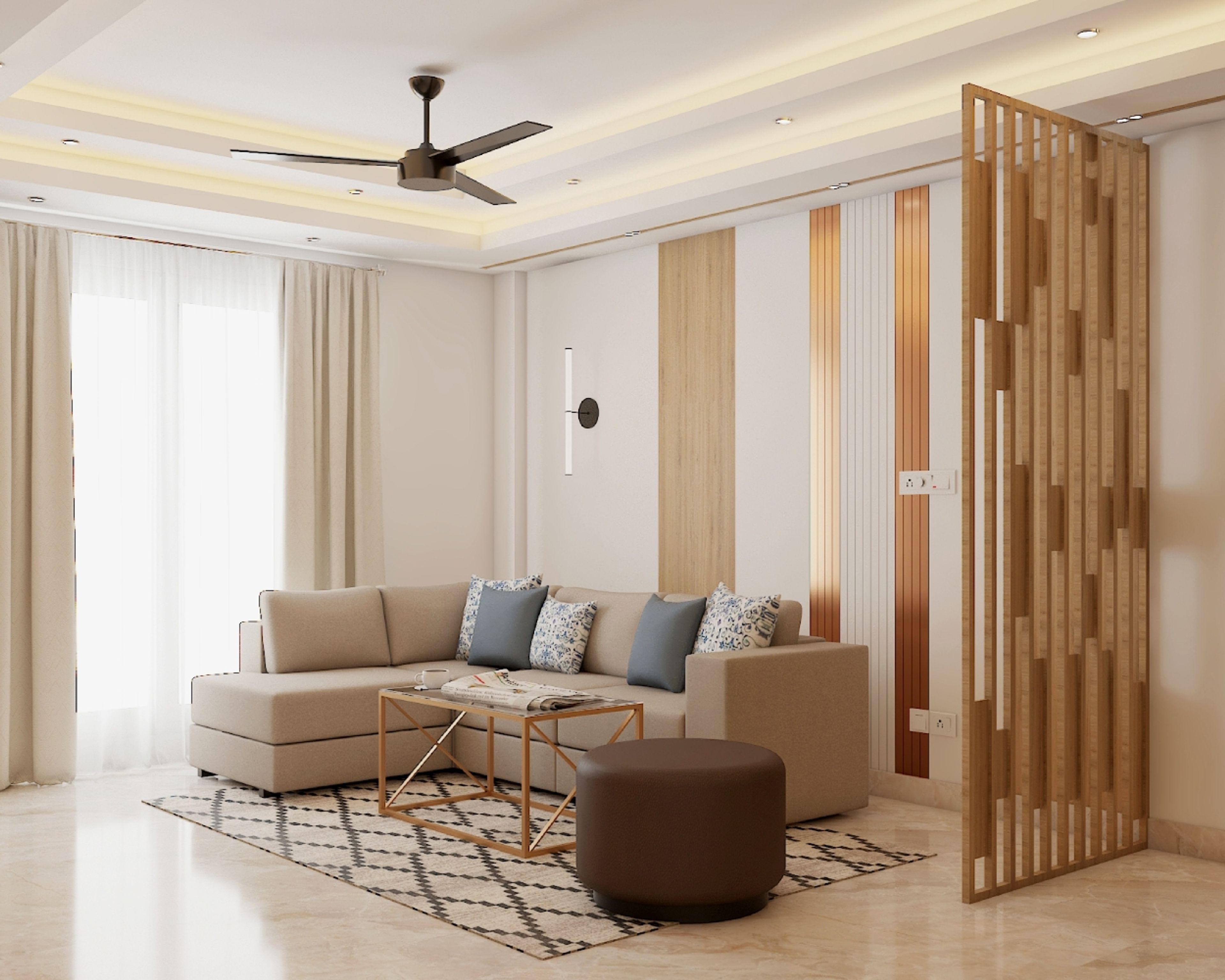 Elegant Contemporary Living Room with L-Shaped Beige Sofa, Glass Coffee Table, and Dark Brown Ottoman - Livspace