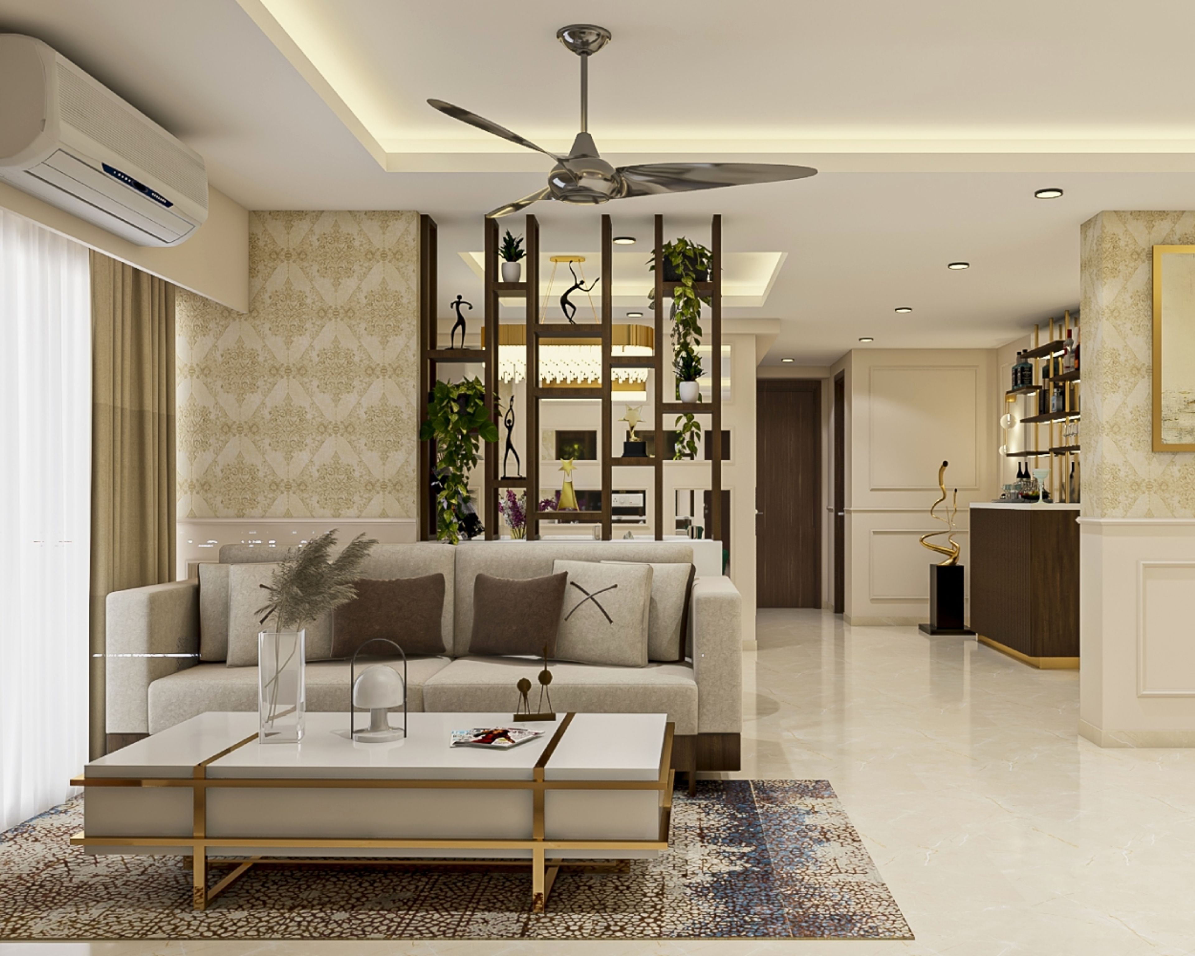 Timeless Modern Living Room with 2-Seater Beige and Brown Sofa, White Coffee Table, and Gold Paneling - Livspace