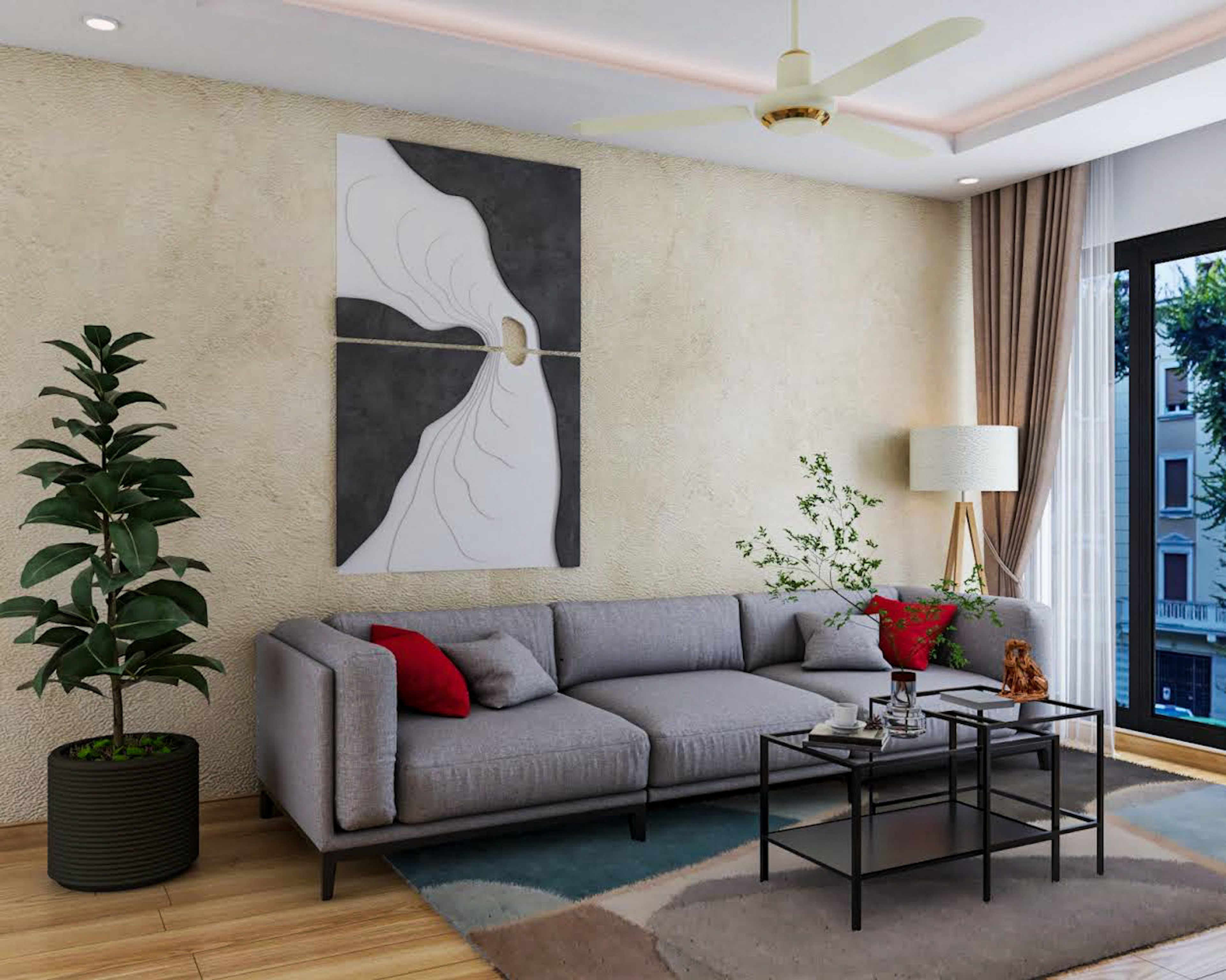 Classy Modern Living Room with 3-Seater Grey Sofa and Multi-level Black Coffee Tables - Livspace