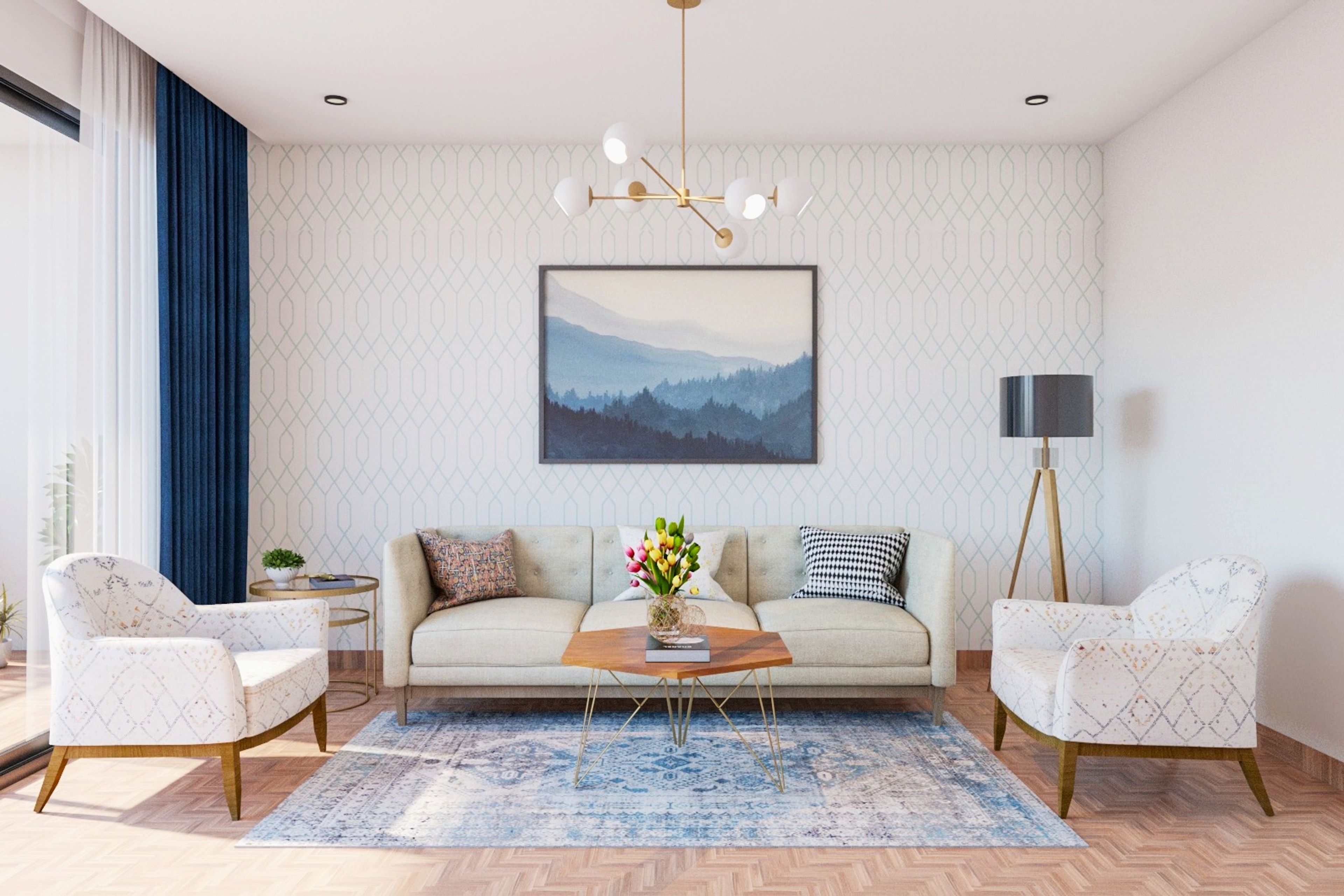 Elegant Contemporary Living Room with Beige Sofa, Patterned Chairs, and Hexagonal Coffee Table - Livspace