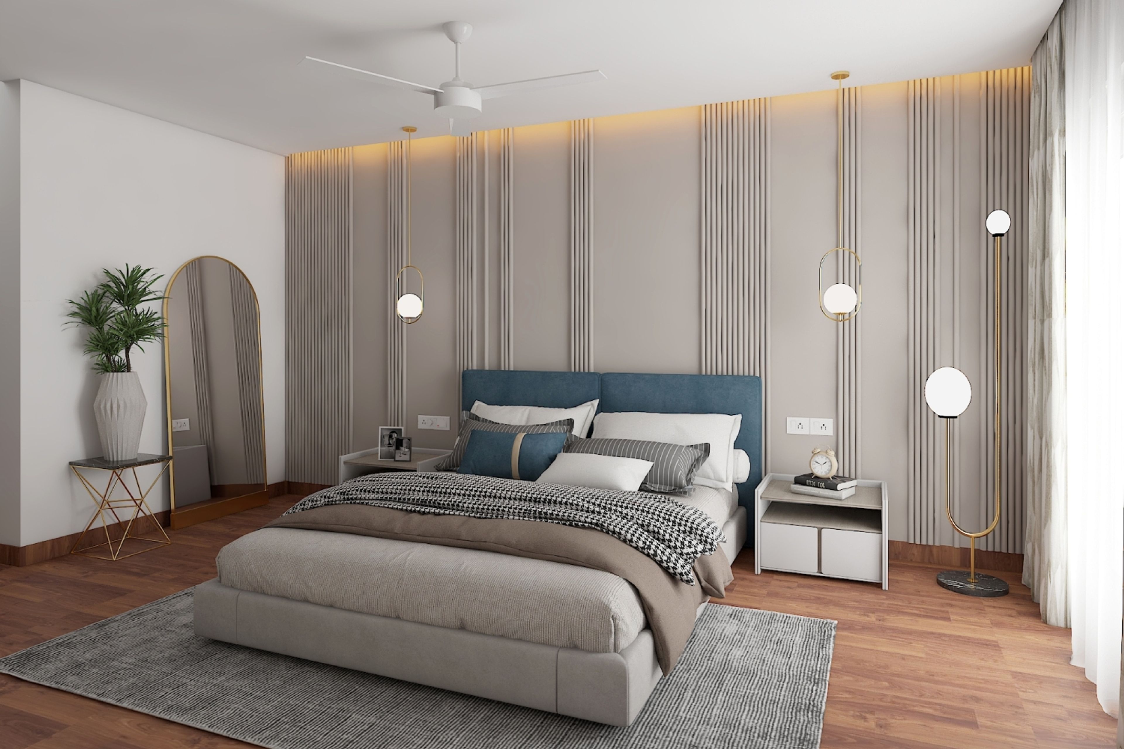 Contemporary Beige Master Bedroom Design With Fluted Panelled Wall