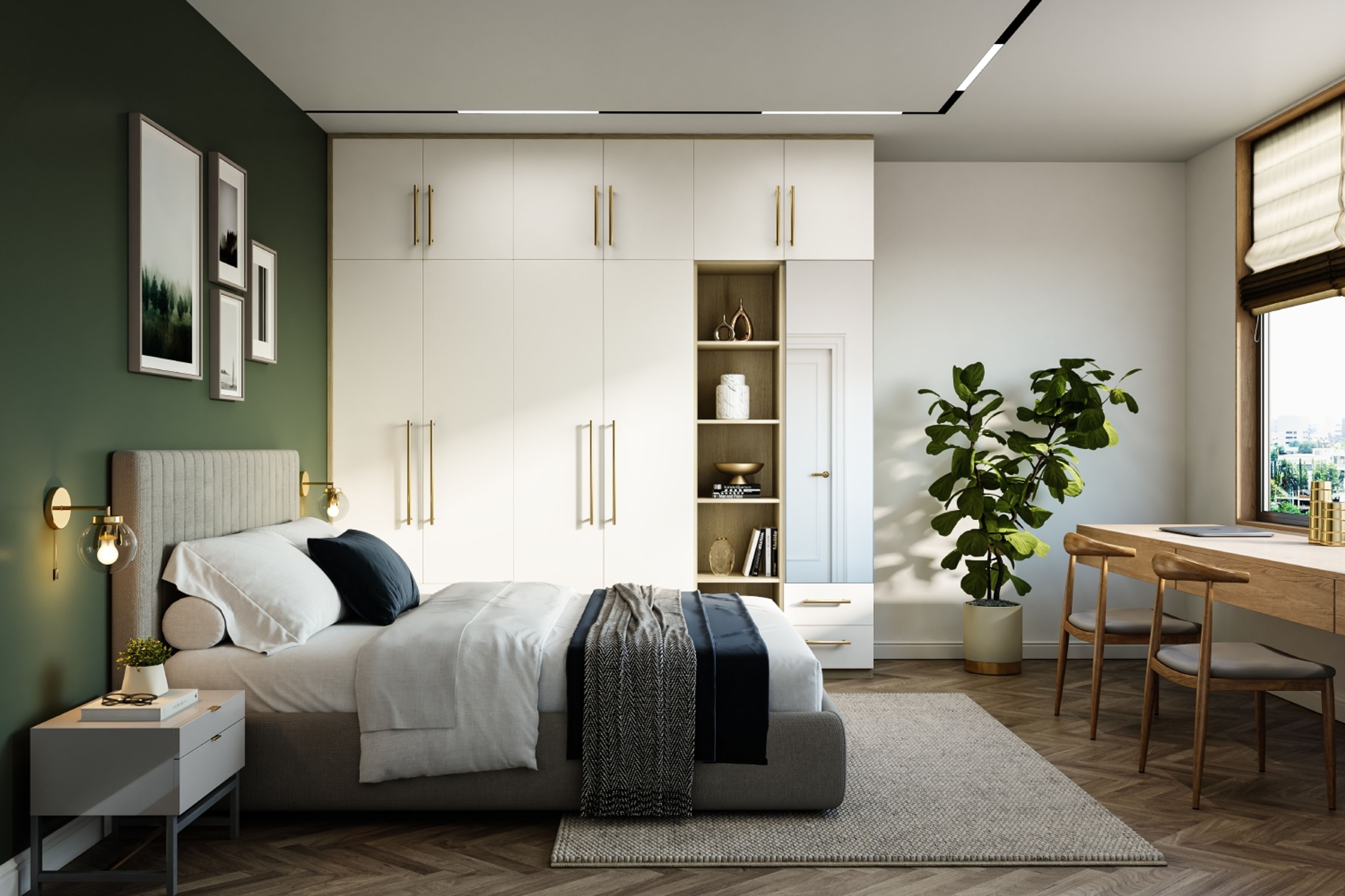 Contemporary Master Bedroom Design With Tufted Bed and Green Accent Wall