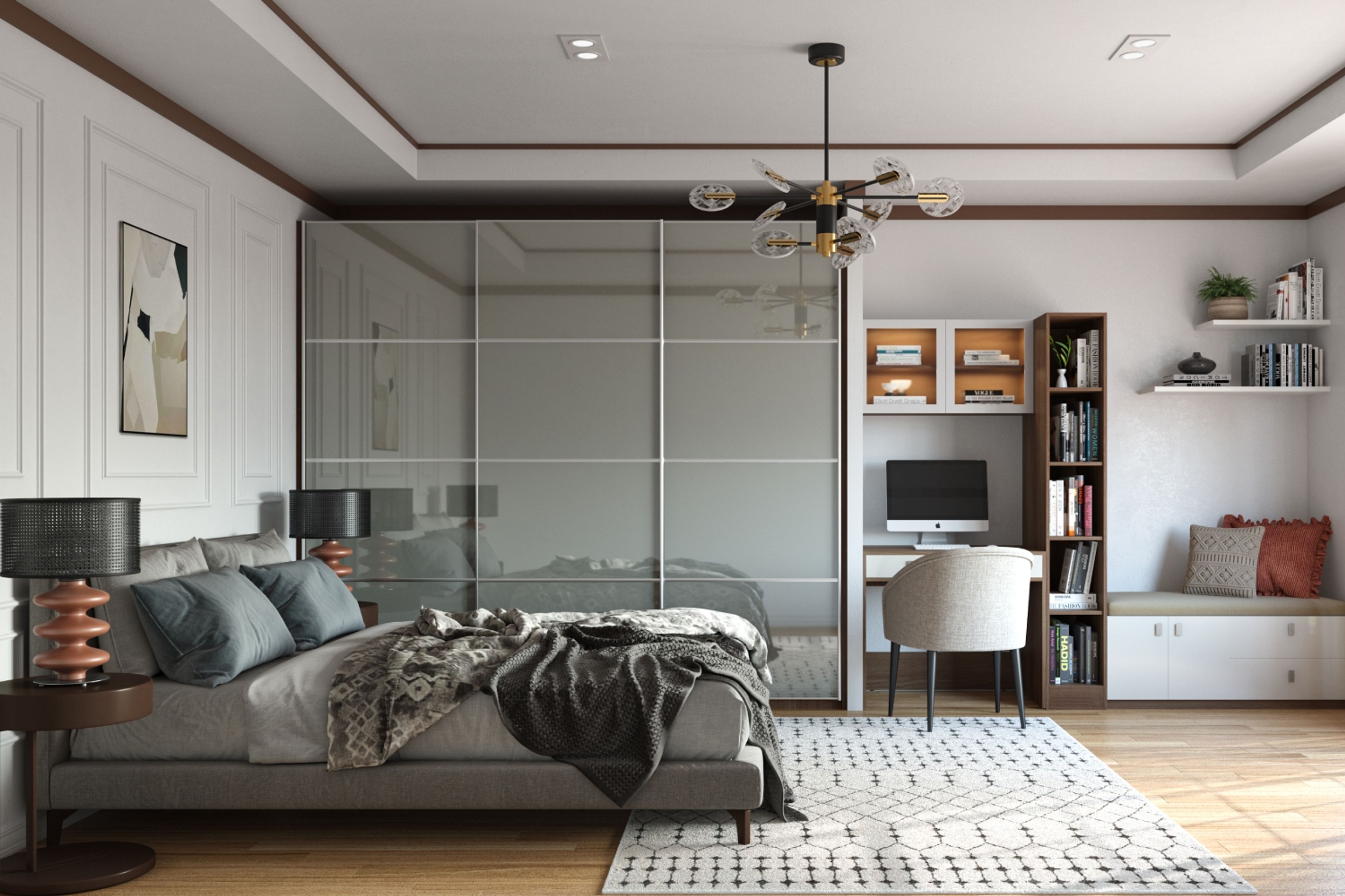 Modern Master Bedroom Design With Double Bed, Study and Wardrobe