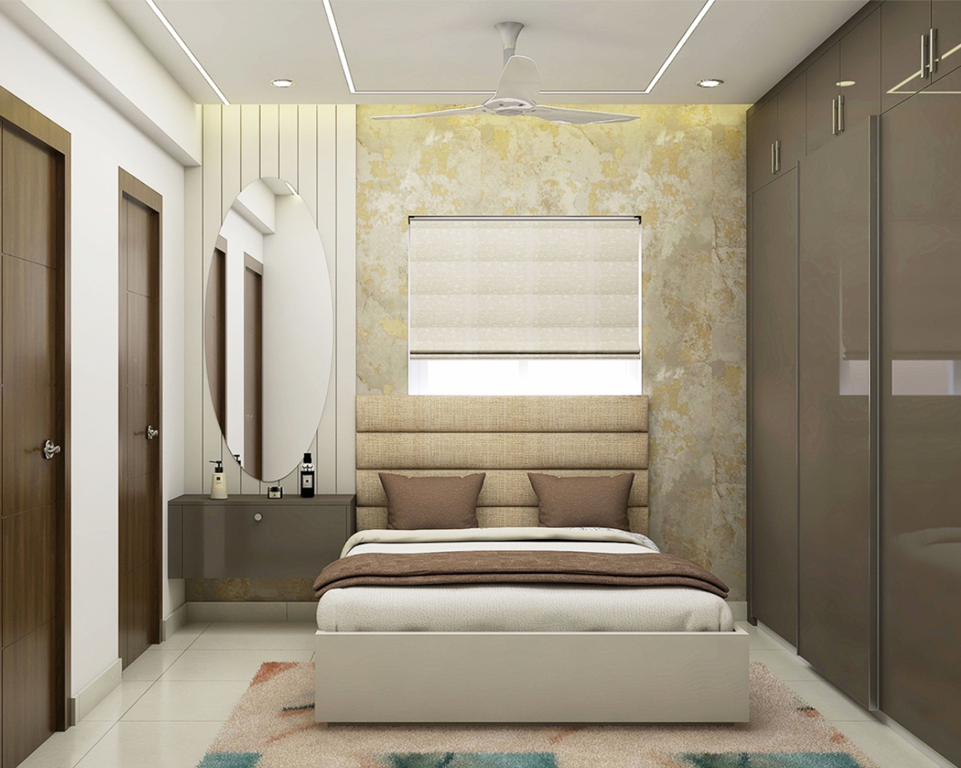 Modern Master Bedroom Design With Textured Walls and Tufted Bed