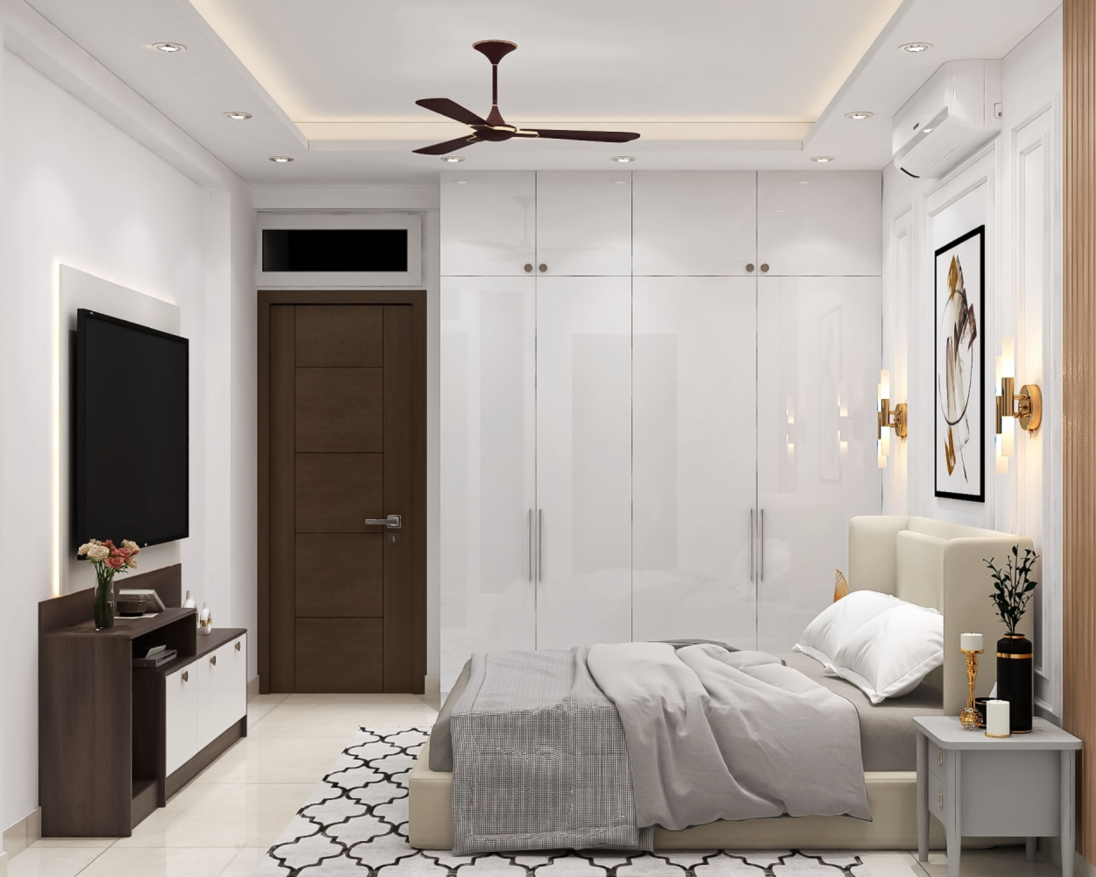 Modern Master Bedroom Design With Cream Bed and Storage