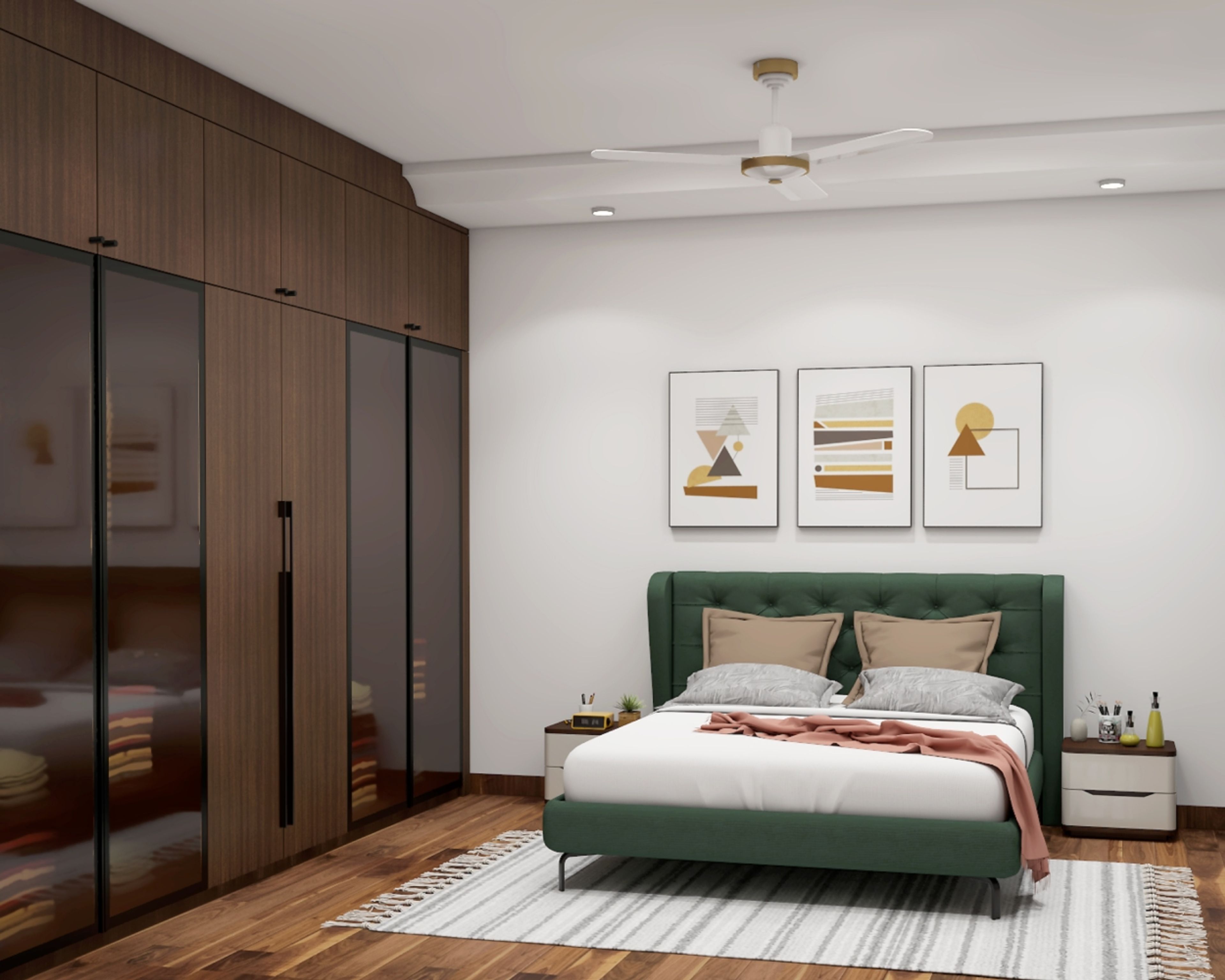 Contemporary Master Bedroom Design With Green Bed and Storage