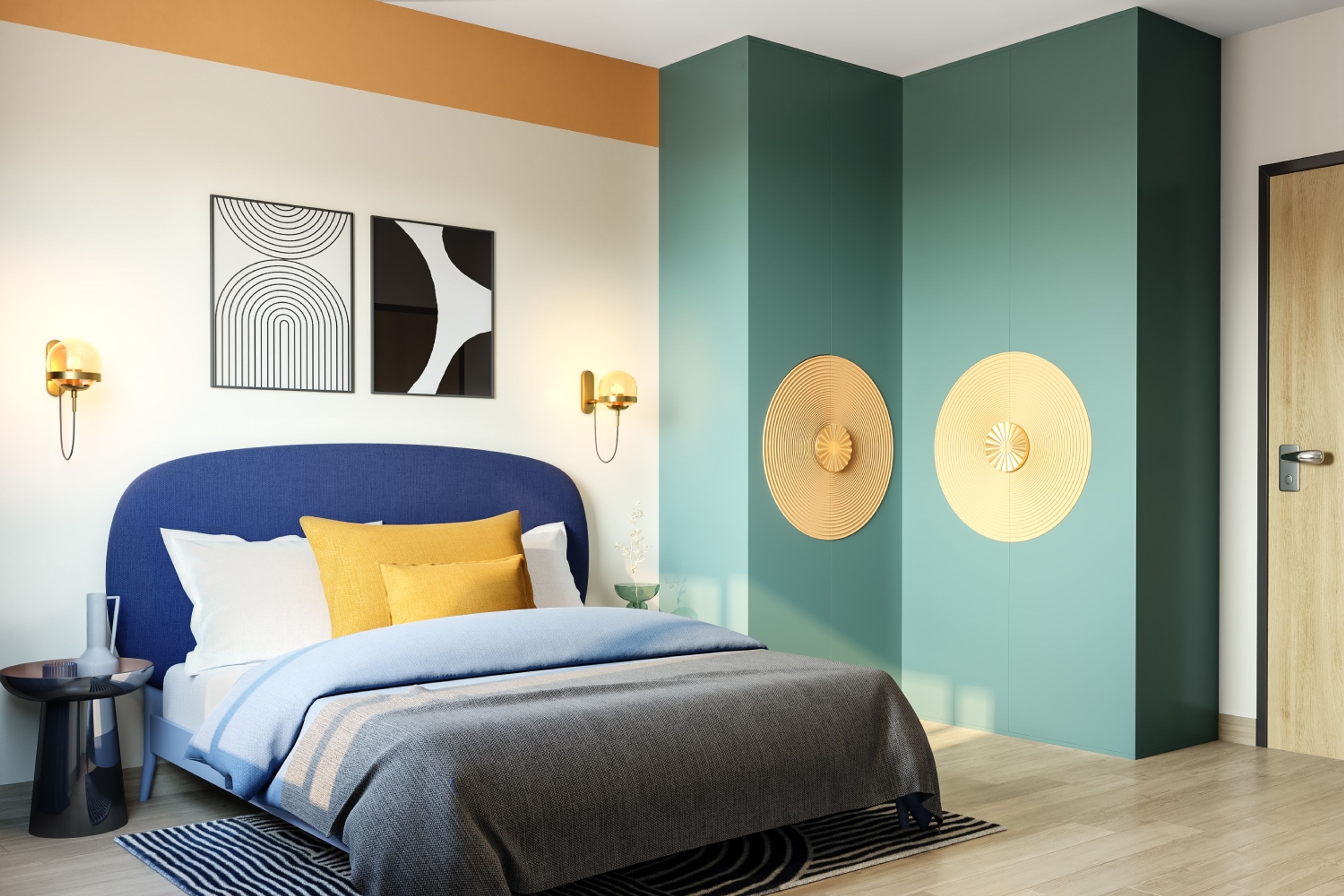 Vintage Master Bedroom Design With 4-Door L-Shaped Green And Gold Swing Wardrobe