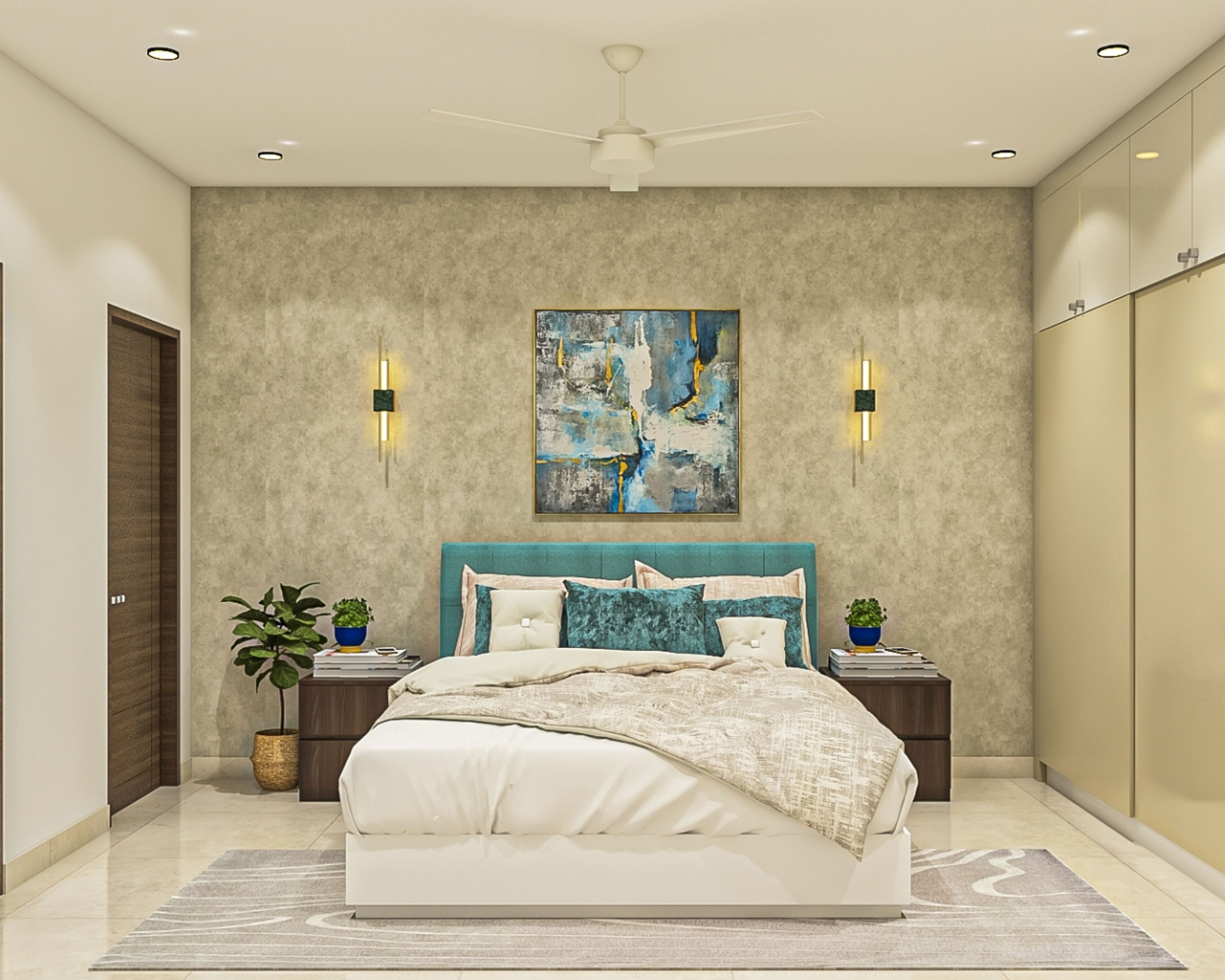 Modern Master Bedroom Design With Blue Headboard And Grey Textured Accent Wall