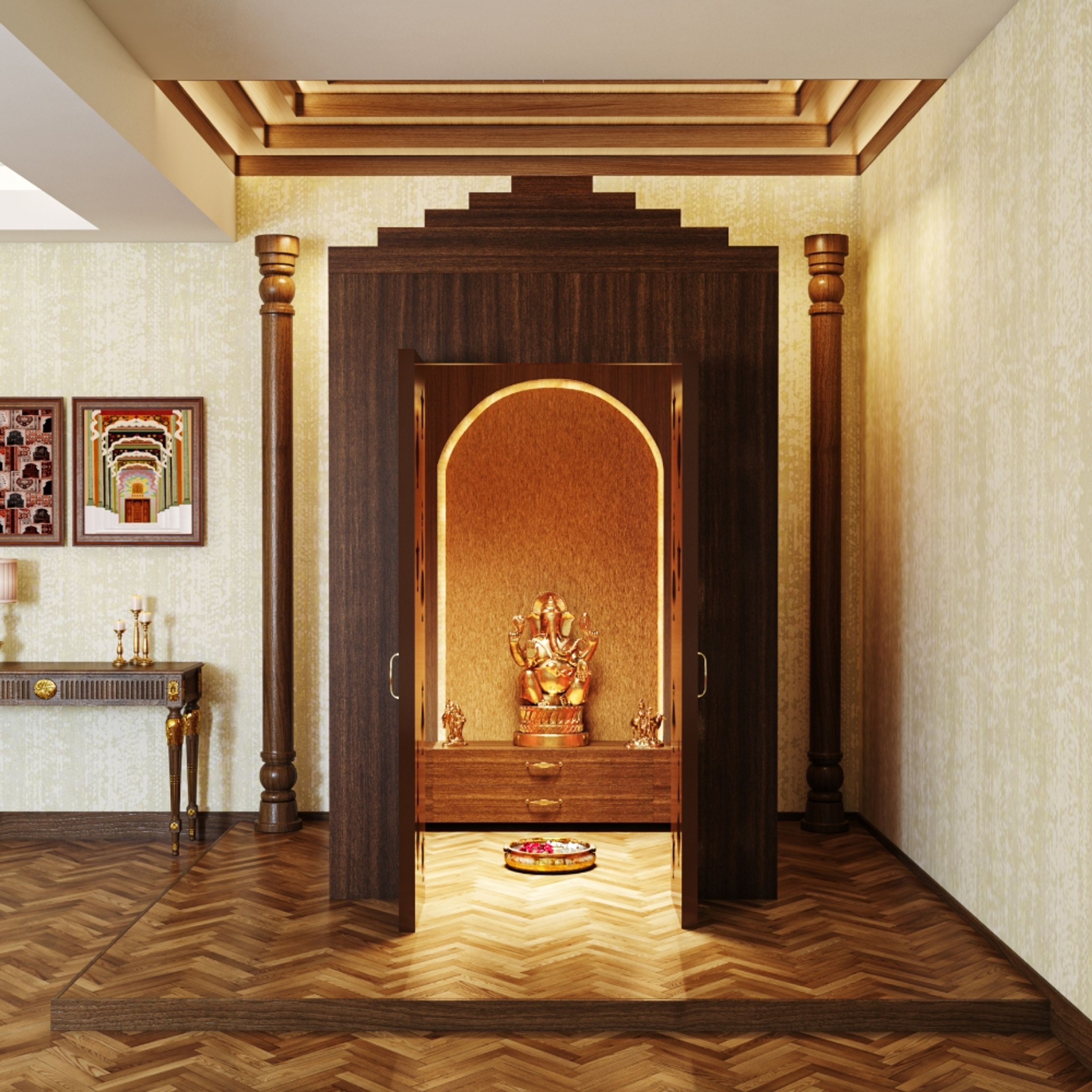 Traditional Pooja Unit Design with Crescent Acacia Unit