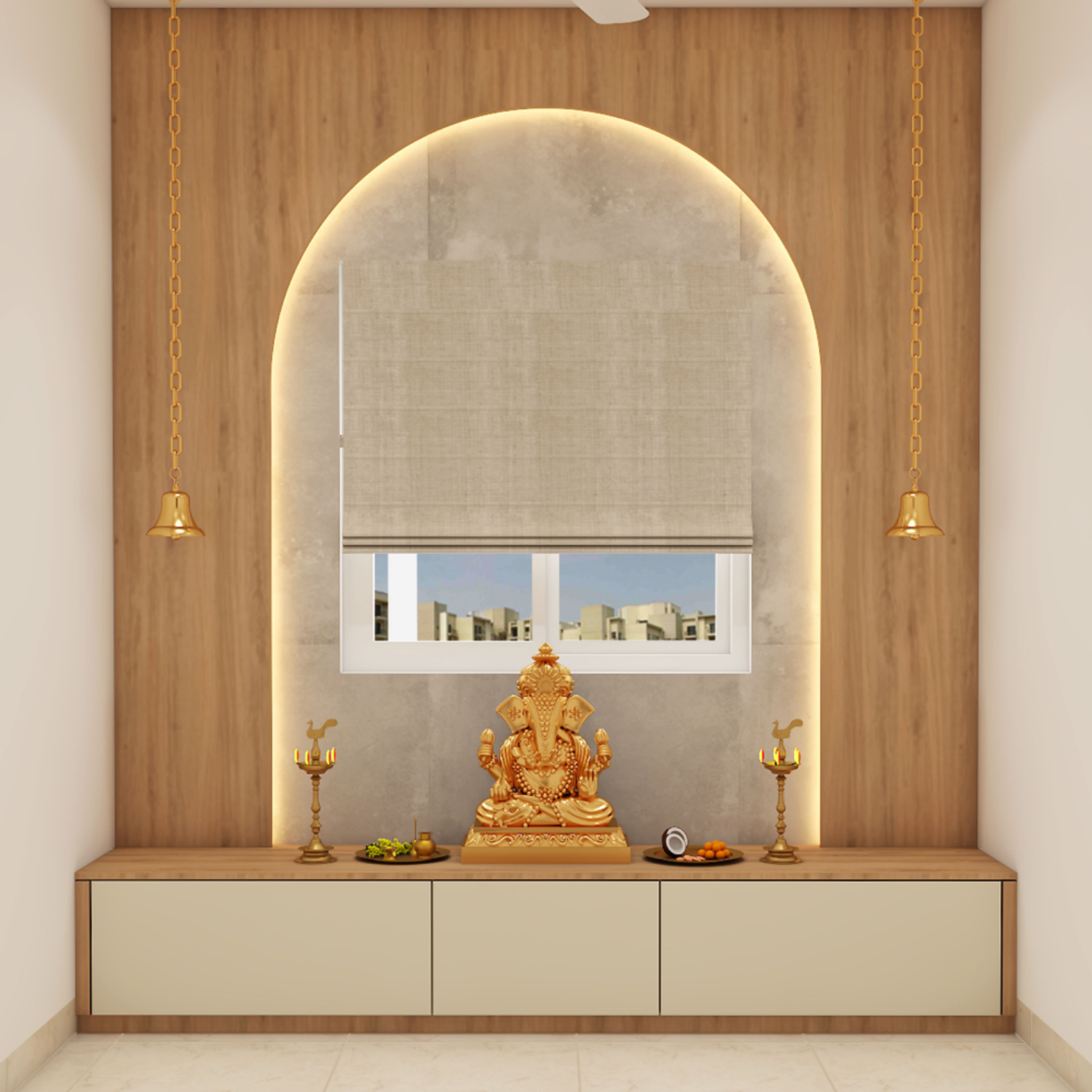 Modern Pooja Room Design With Arched Wood And Marble Panel