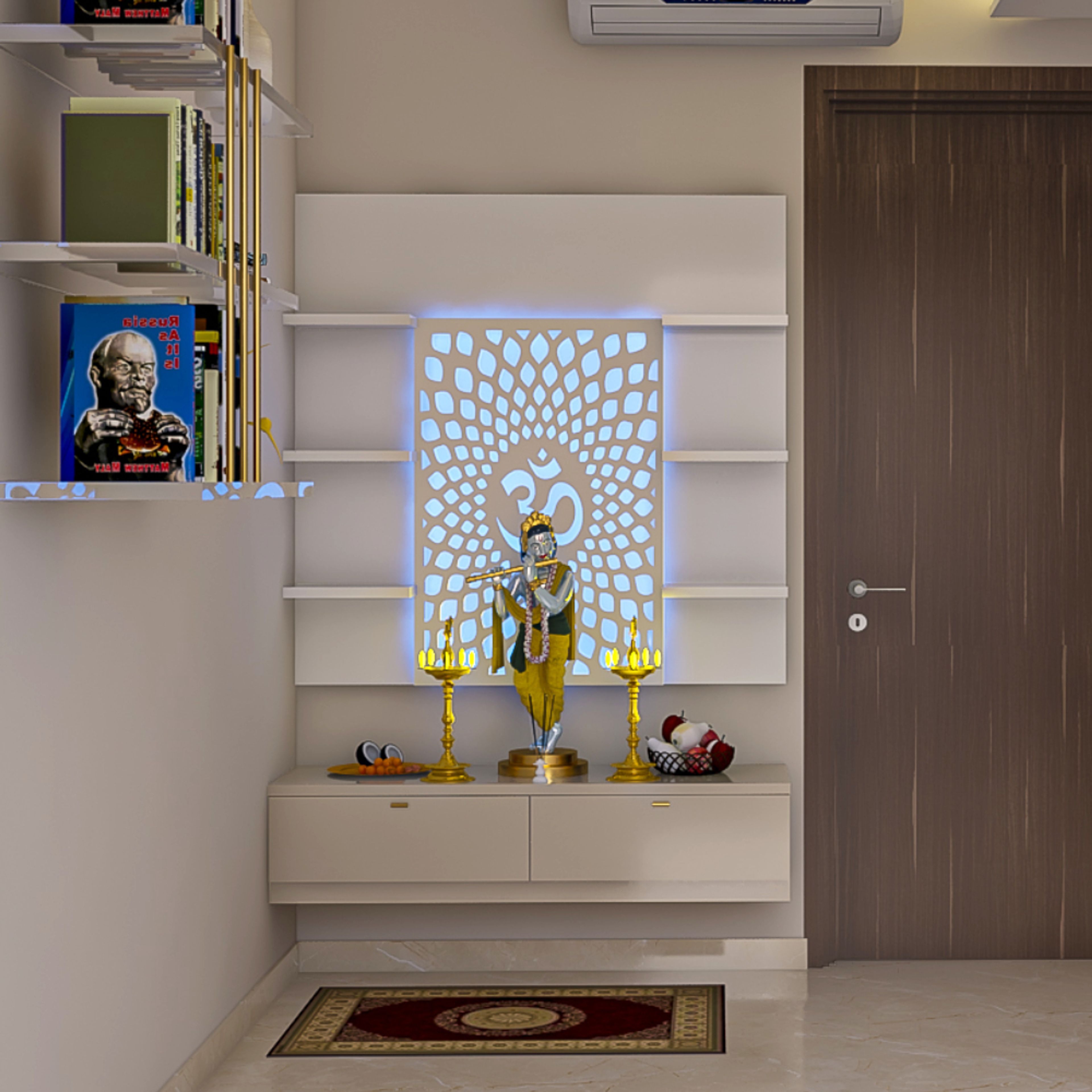 Compact Mandir Design With White Drawer Storage And Blue Backlit Om Mandala - Livspace