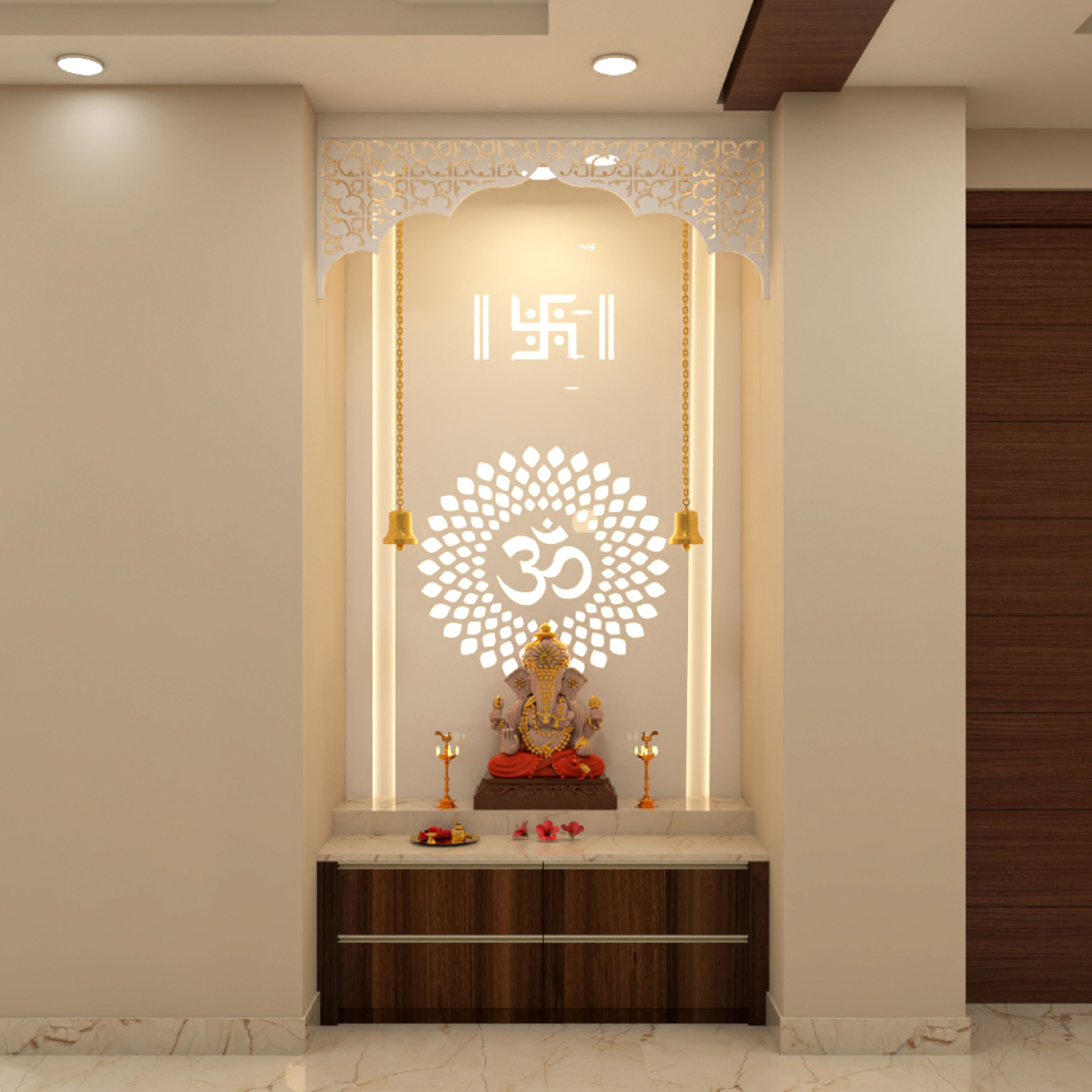 Modern Floor-Mounted Wood And White Mandir Design With Backlit Om Mandala