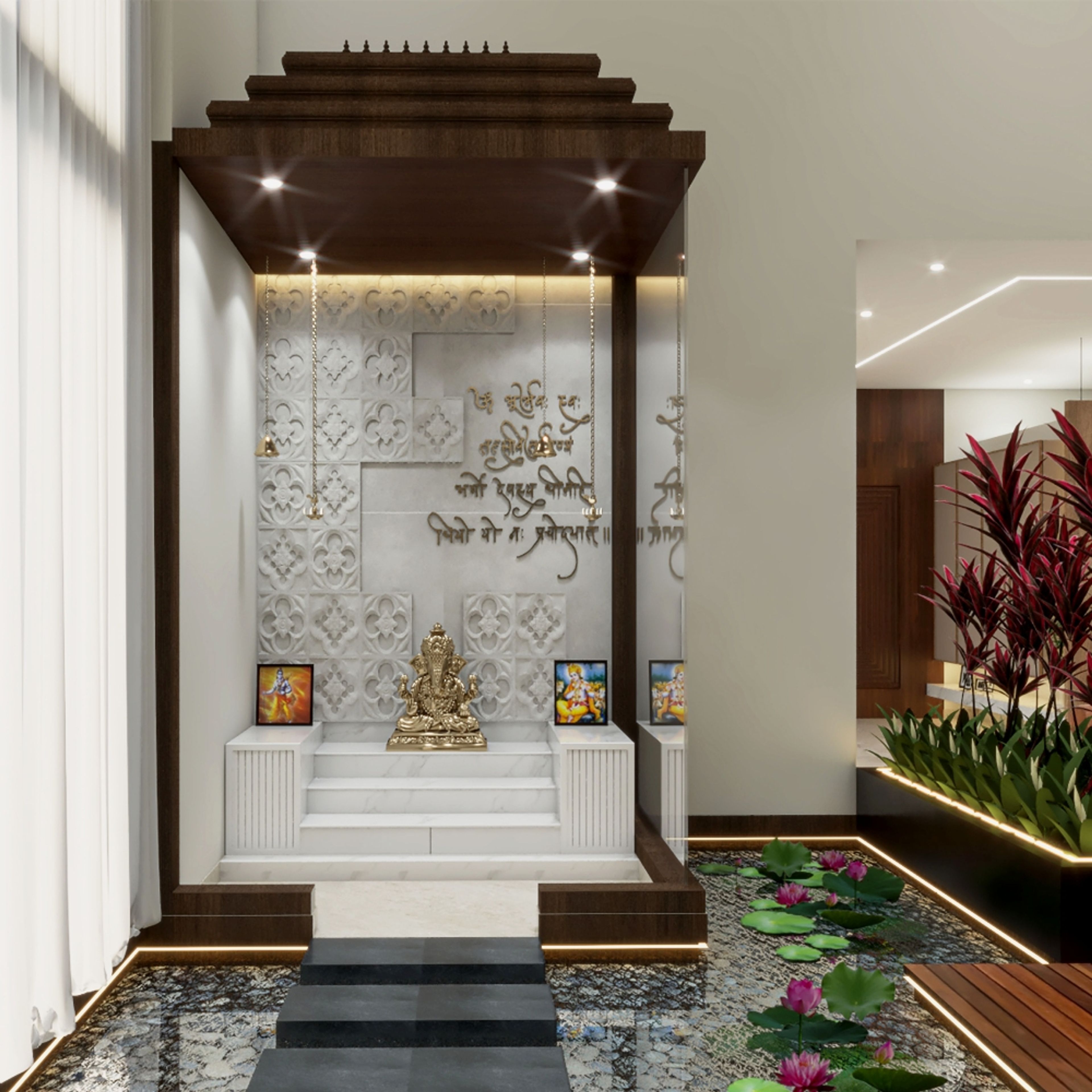 Traditional Dark Wood And Marble Mandir Design With 3D White Wall