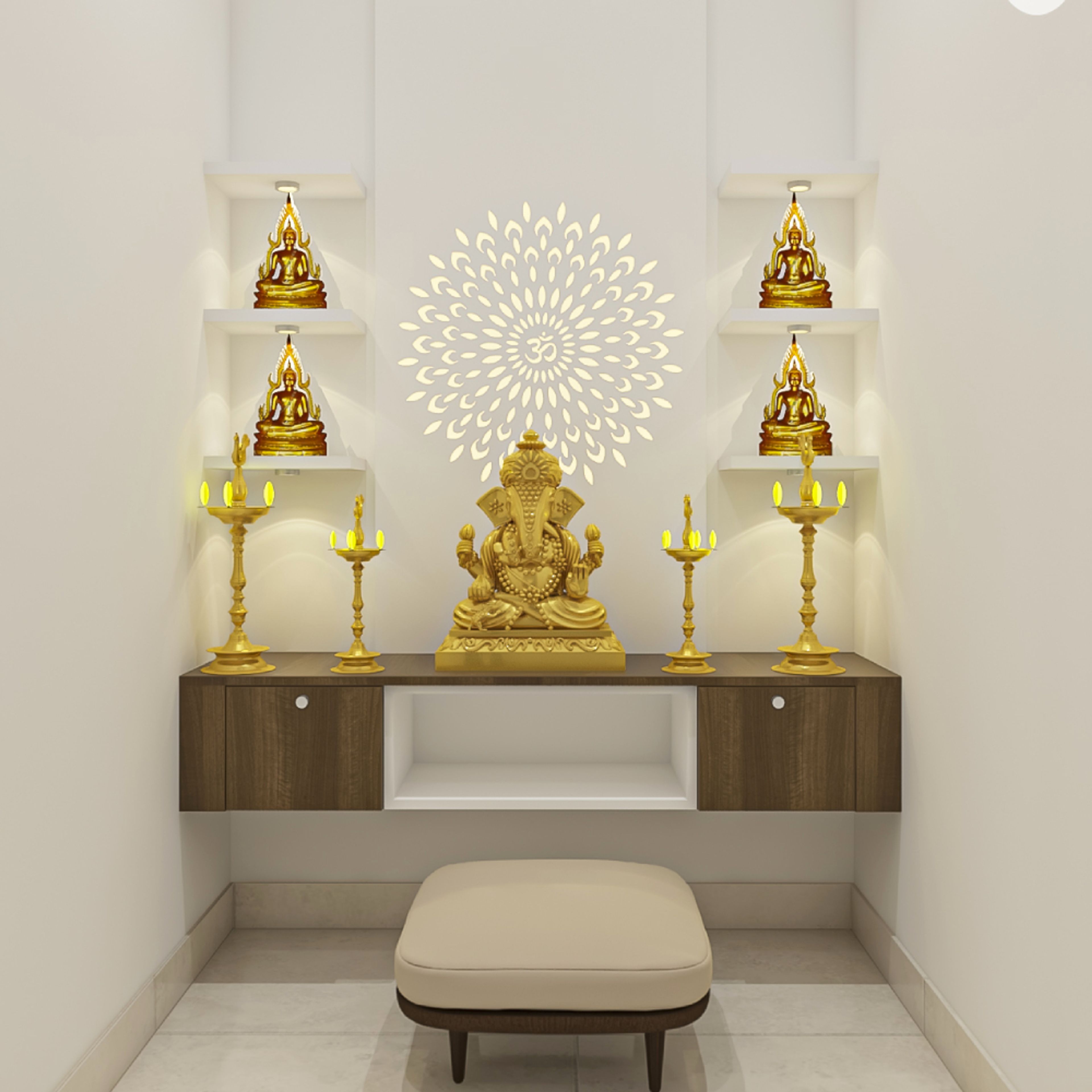 Compact Mandir Design With Wood And White Storage Unit, Shelves And Om Mandala - Livspace