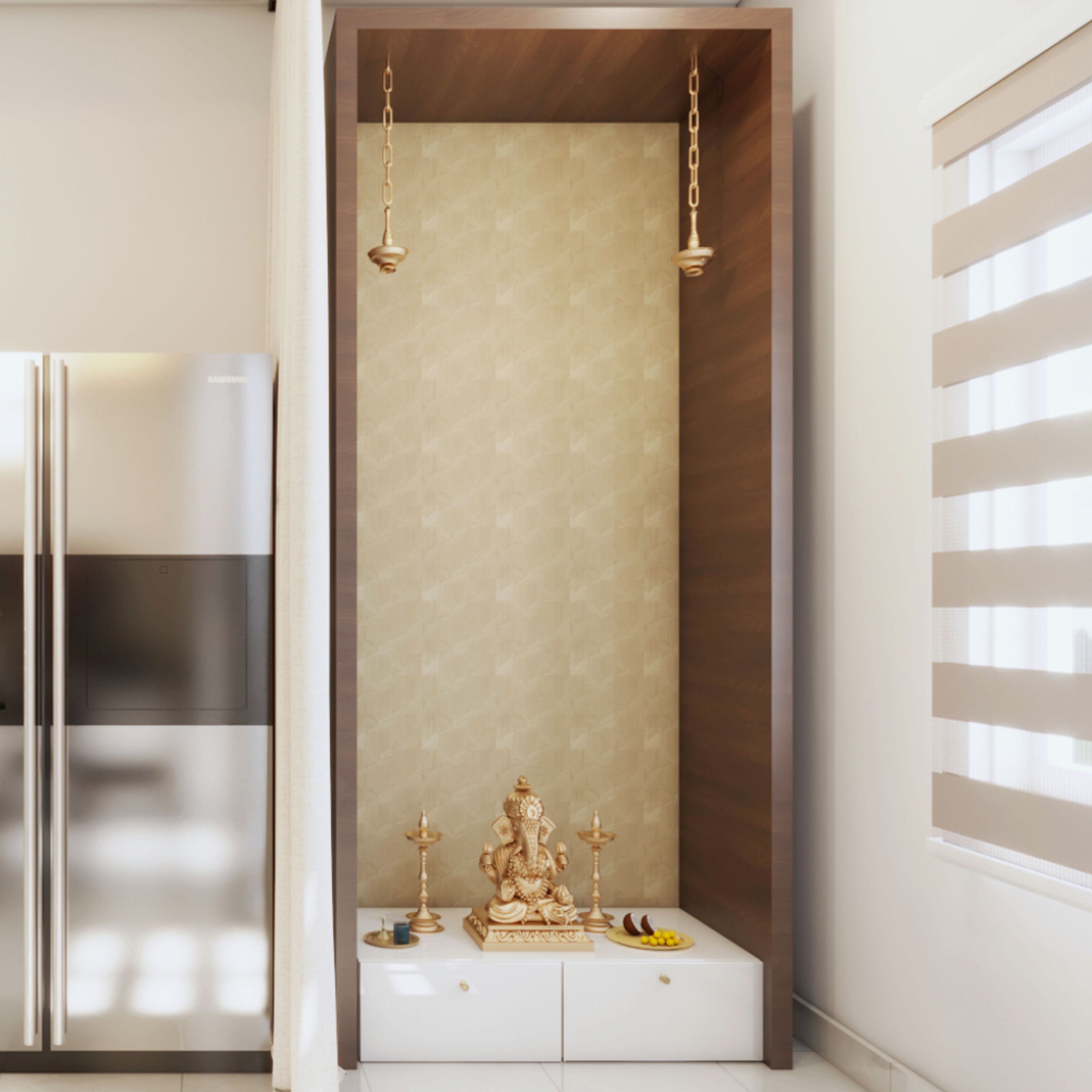 Compact Mandir Design With White Drawer Storage, Beige Wallpaper And Wooden Frame - Livspace