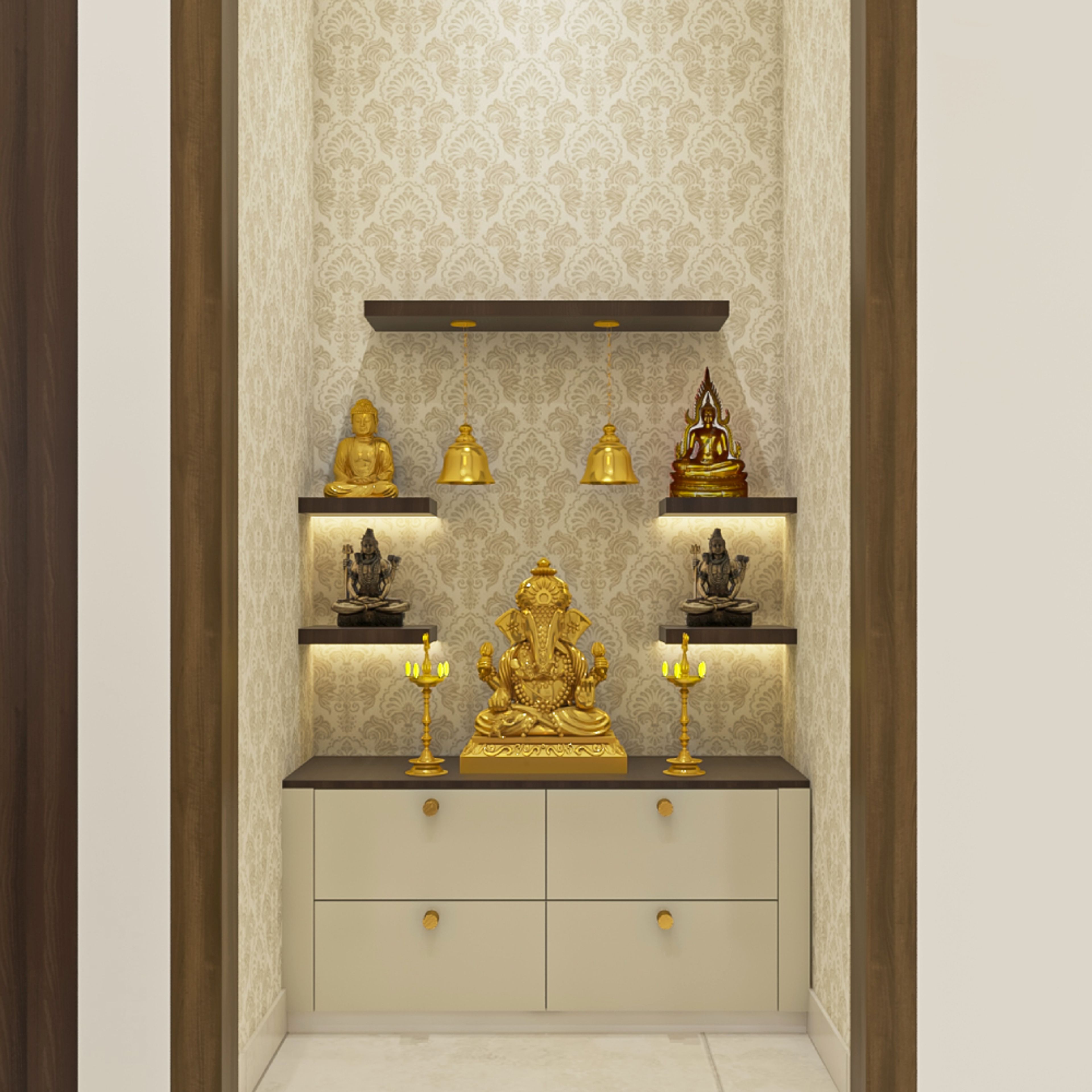 Champagne-Toned Floor-Mounted Mandir Design With Wall-Mounted Wooden Shelves And Beige Wallpaper - Livspace