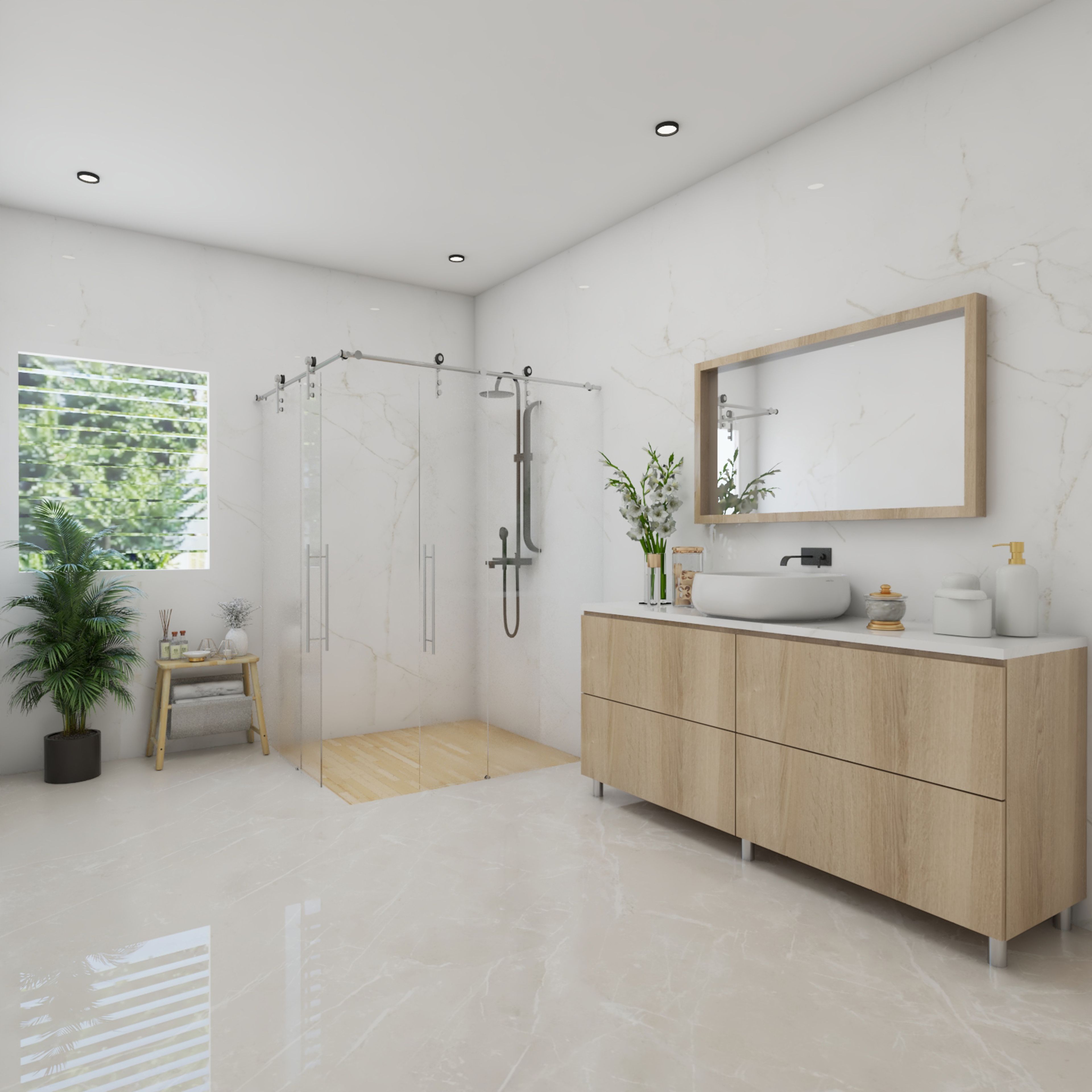 Scandinavian White And Wood Bathroom Design With Wooden Cabinets And Cream Flooring