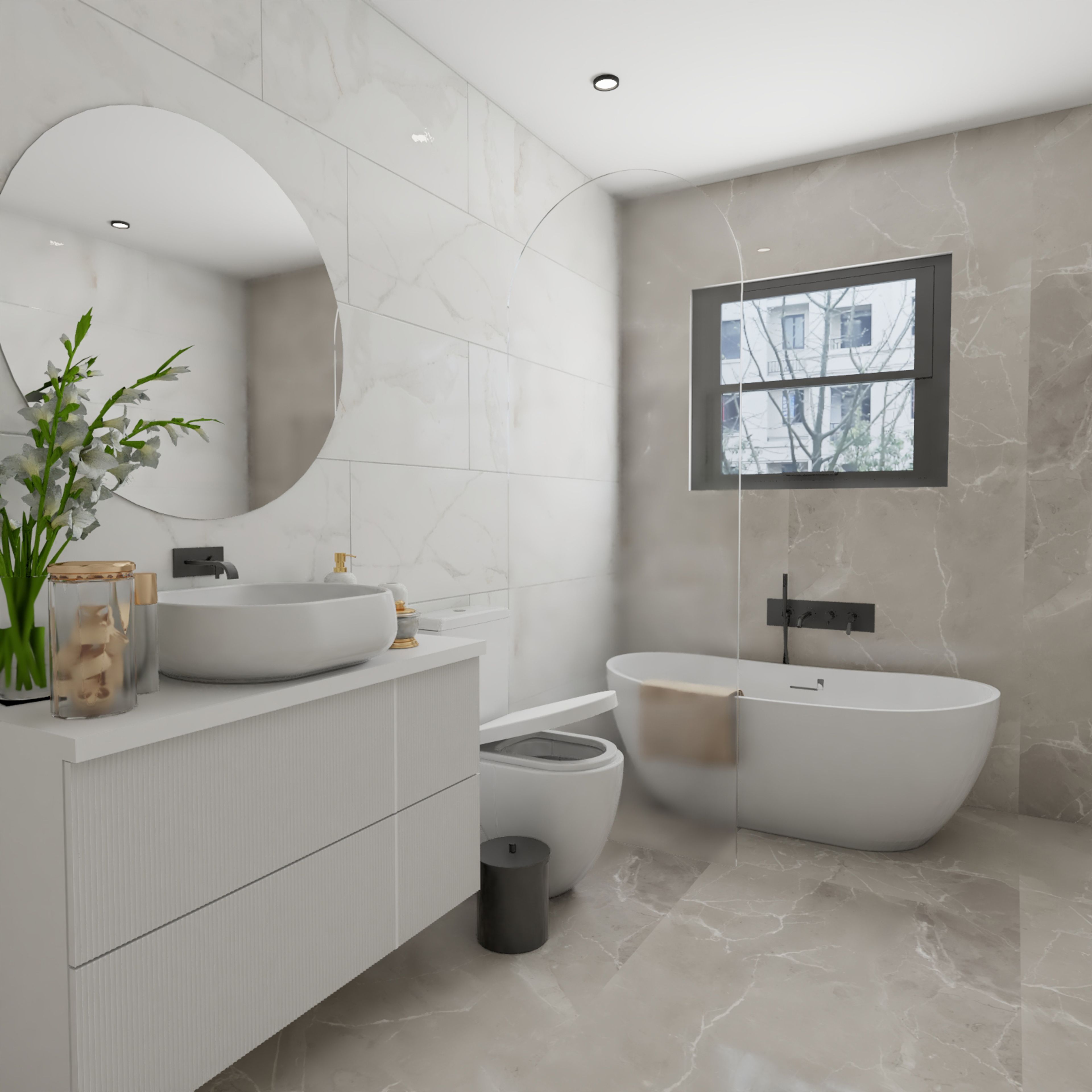 Minimal White And Grey Bathroom Design With Bathtub