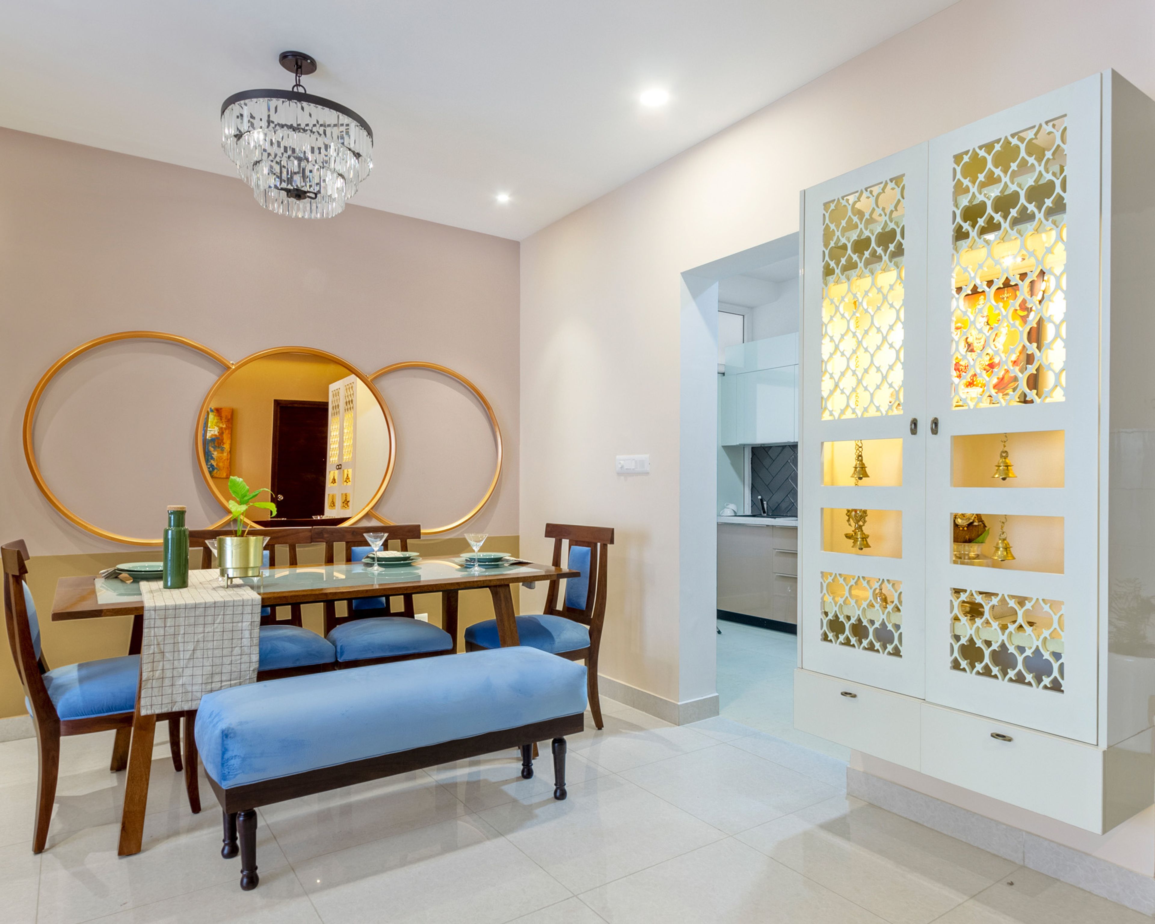 Modern 4-Seater Blue And Wood Dining Room Design WIth Integrated Mandir Unit