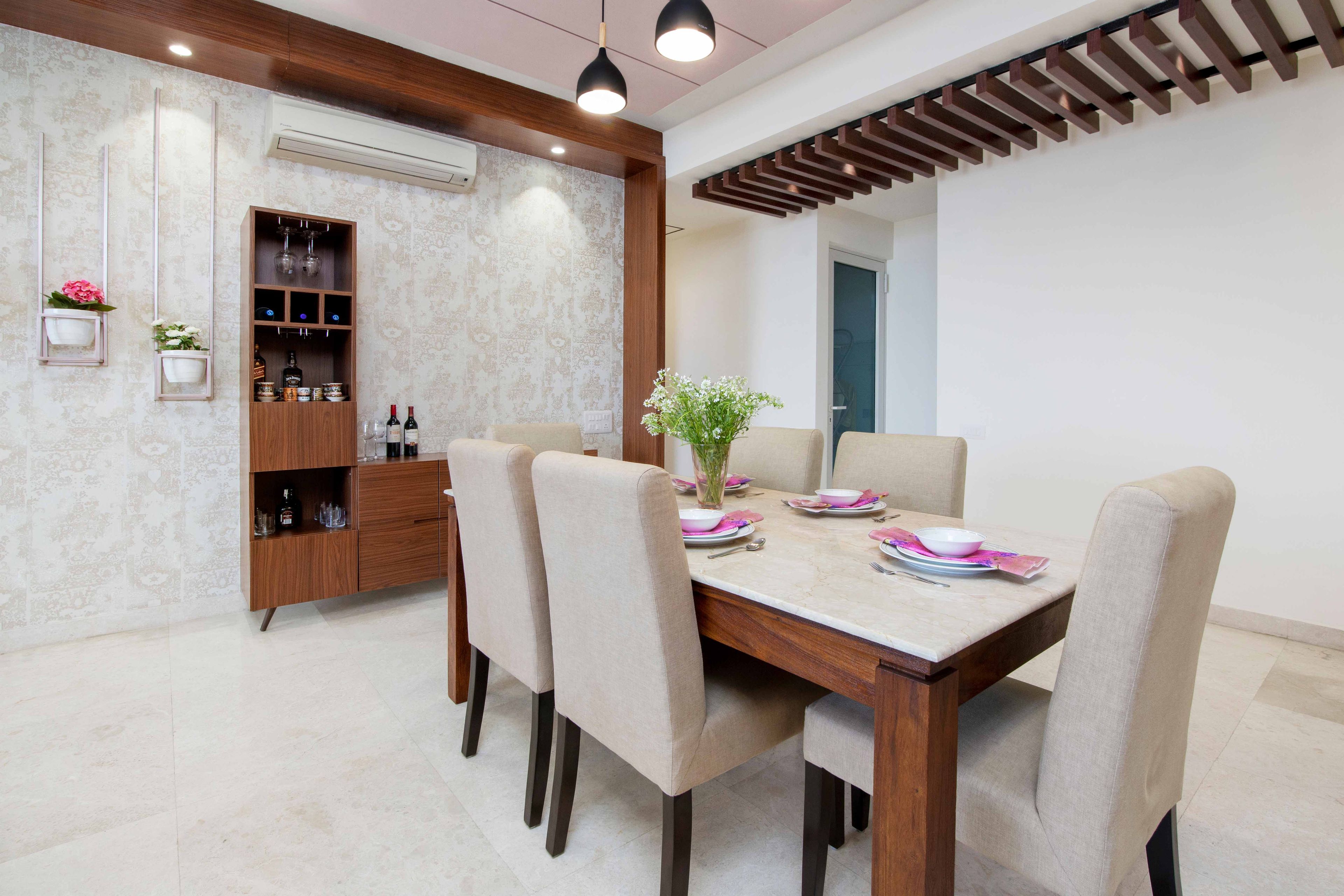 Modern 6-Seater Beige And Wood Dining Room Design With Wooden Storage Cabinet