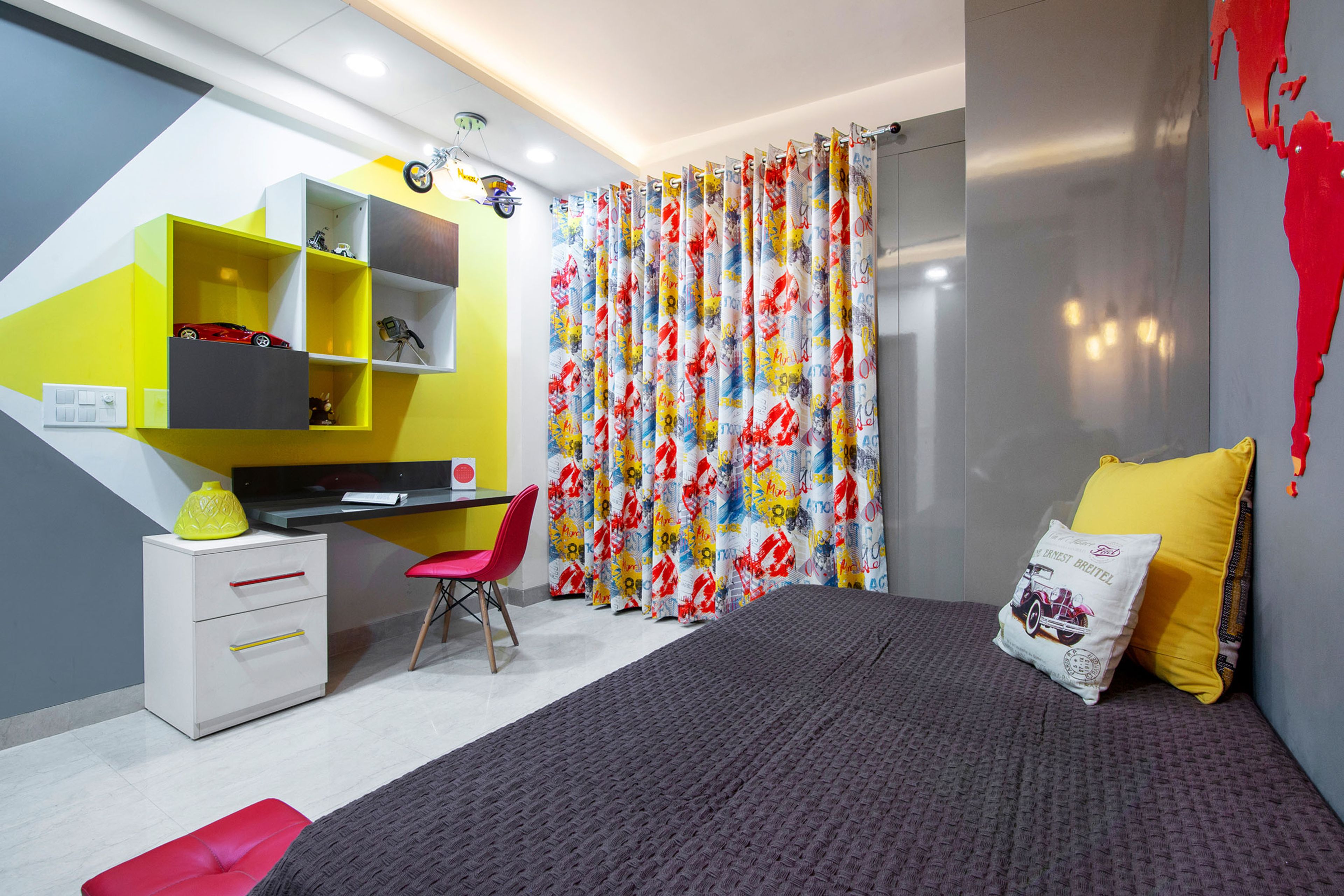 Contemporary Tri-Toned Home Office Design With Red Accent Chair