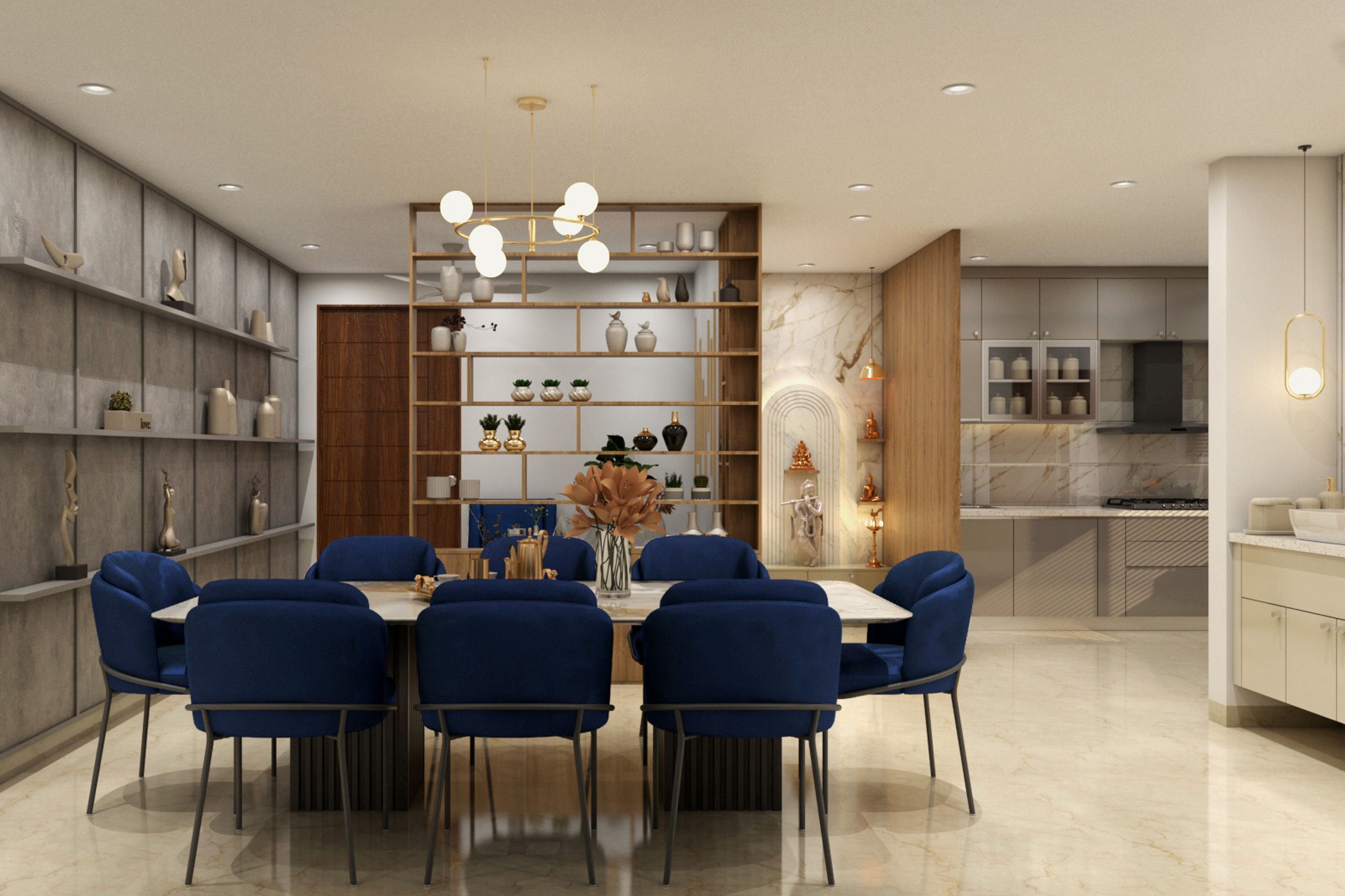 Modern dining room design with white and grey 8 seater dining table, chairs and pooja unit - Livspace