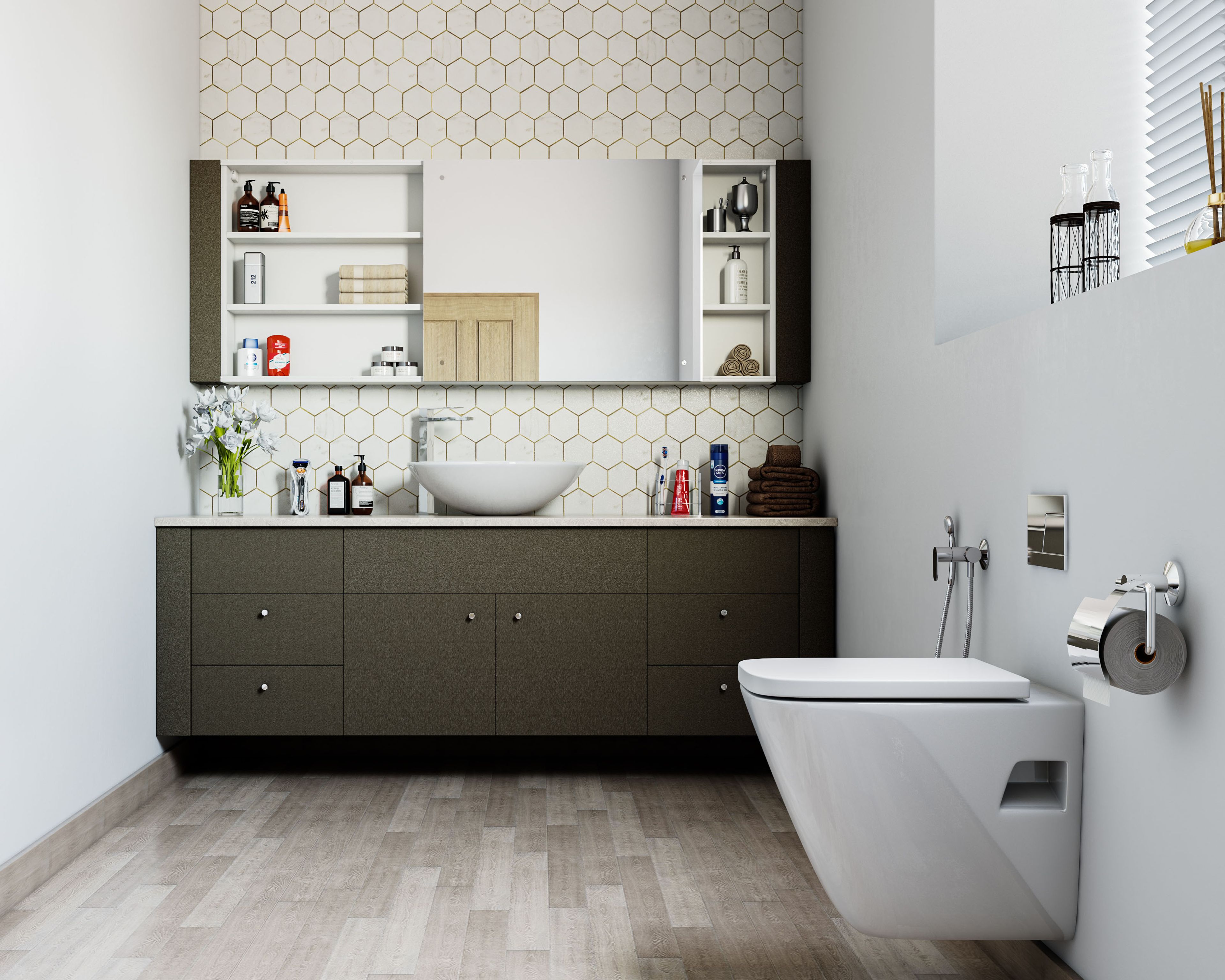 Modern White Tile Bathroom Design With Vanity