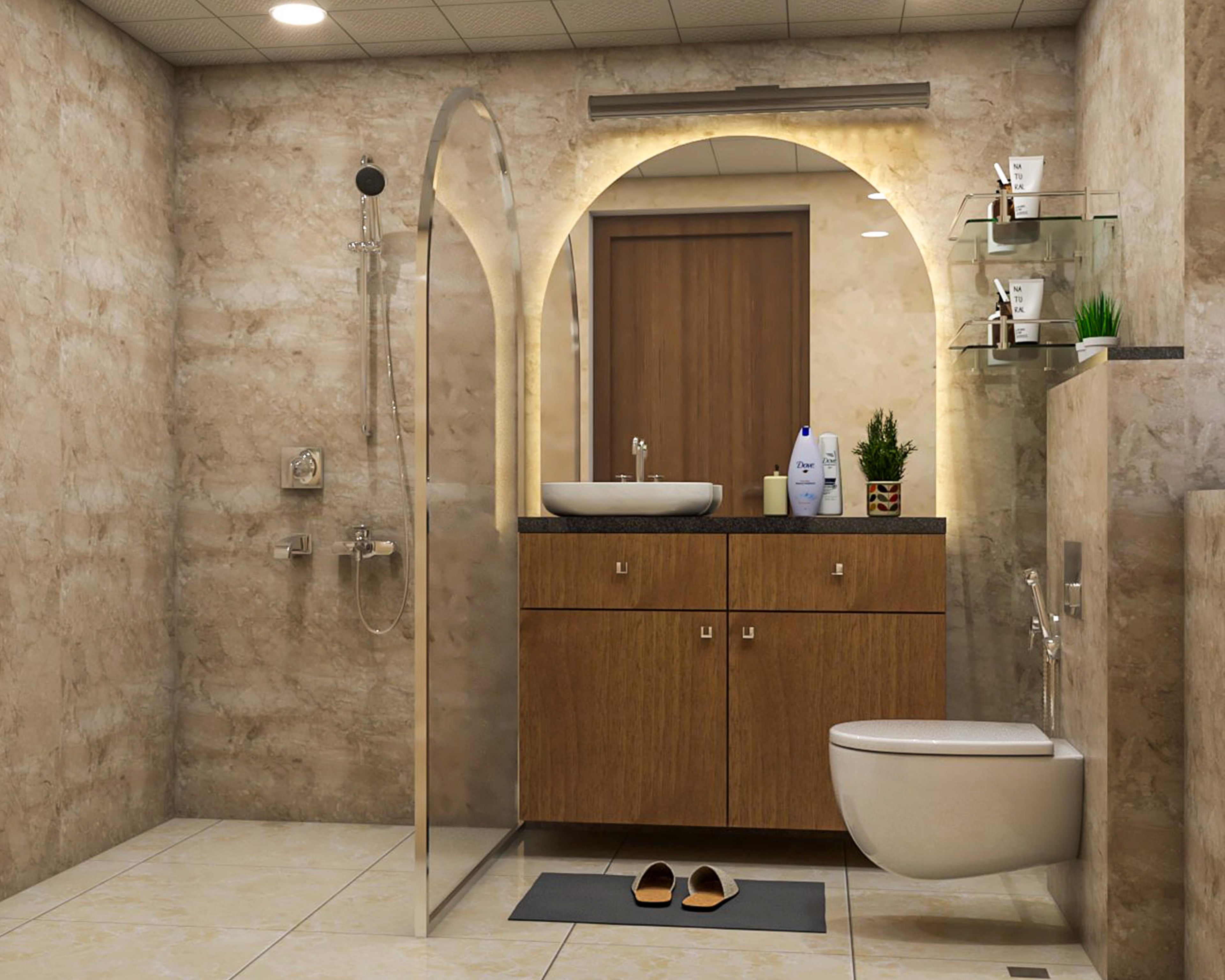 Mid-century Modern Bathroom Design with Glass Arched Partition