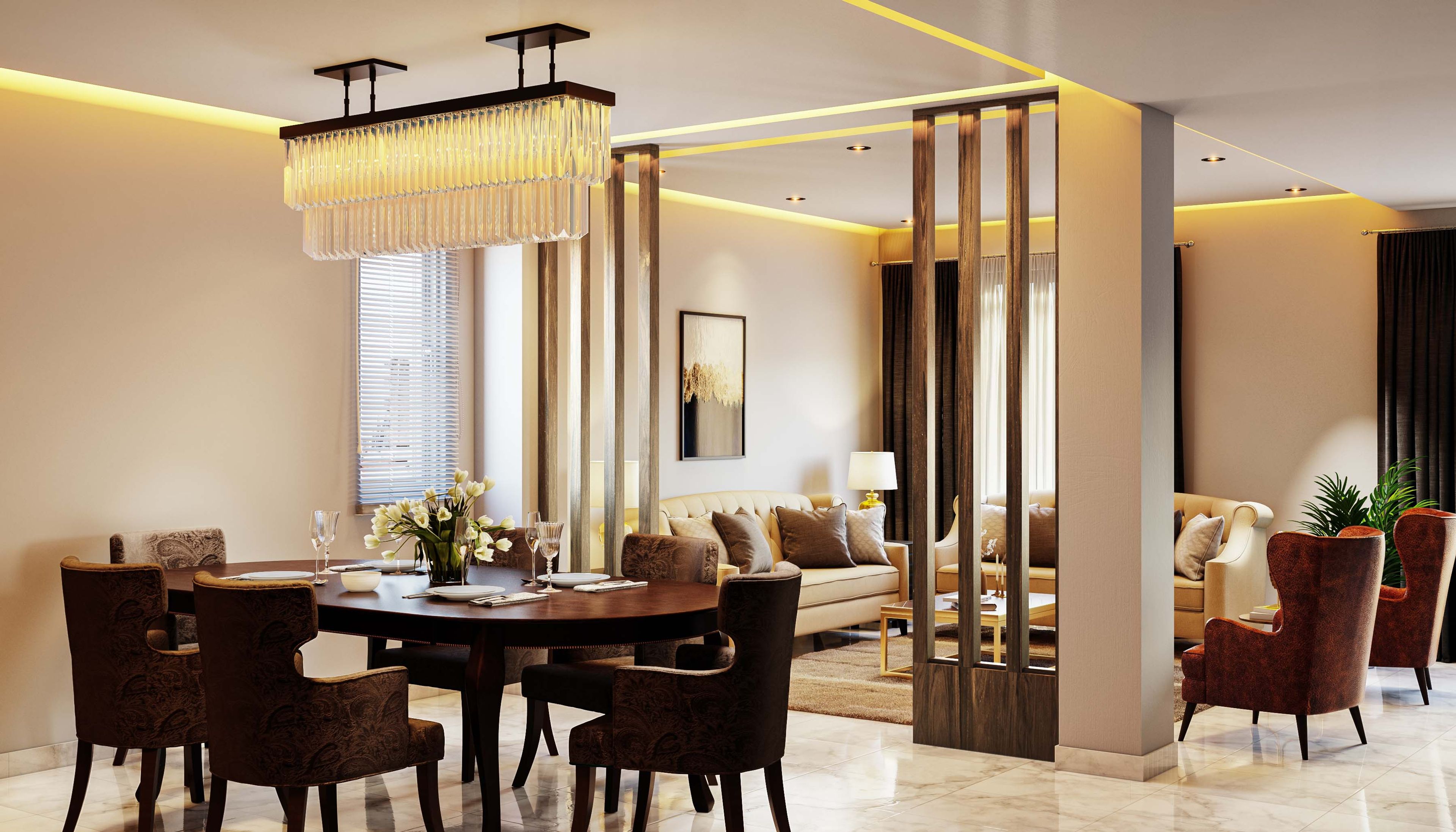 Mid-century modern dining room design with 6-seater wooden table, chairs, ambient lighting and white walls - Livspace