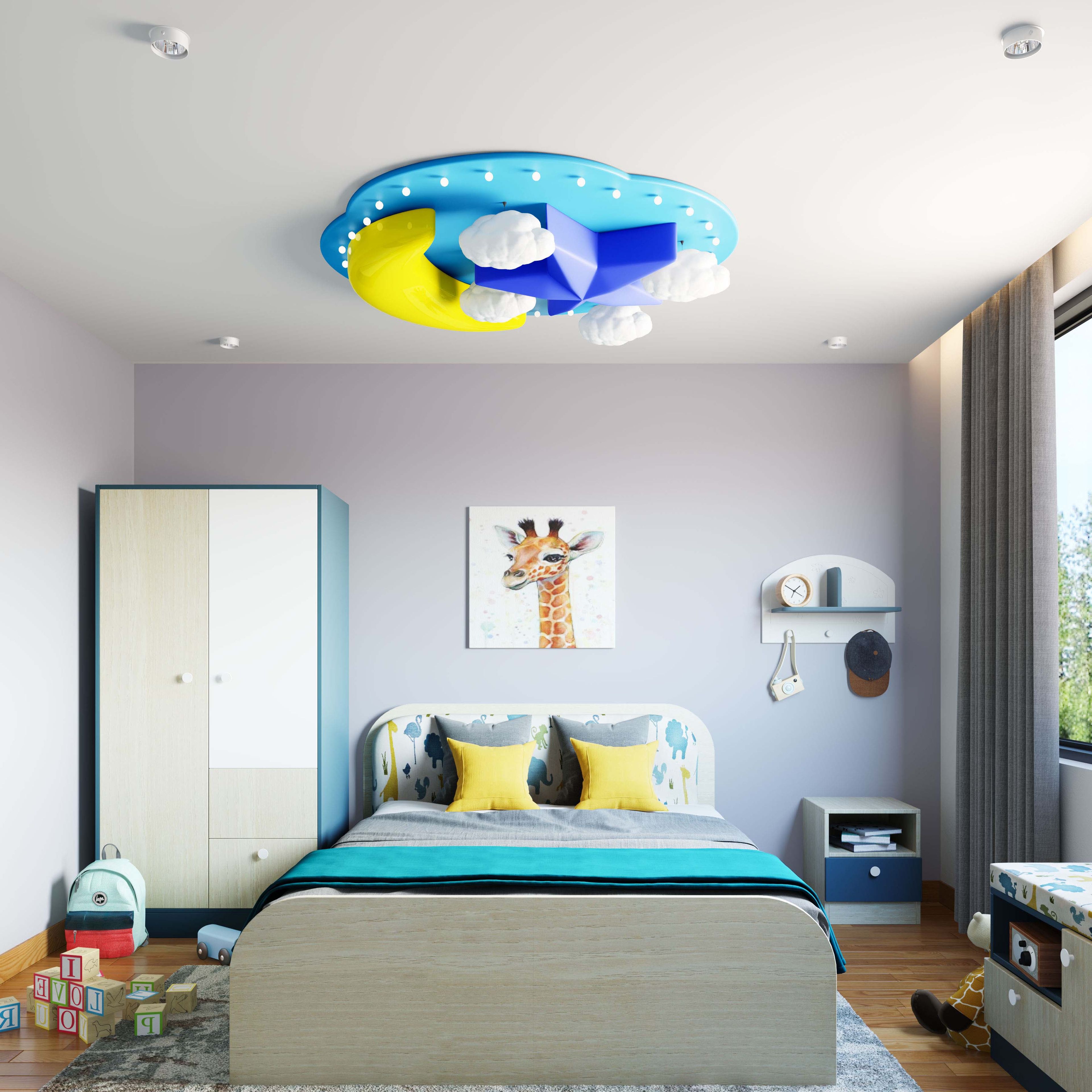 Minimal painted gypsum false ceiling design with spotlights and galaxy ceiling lamp - Livspace