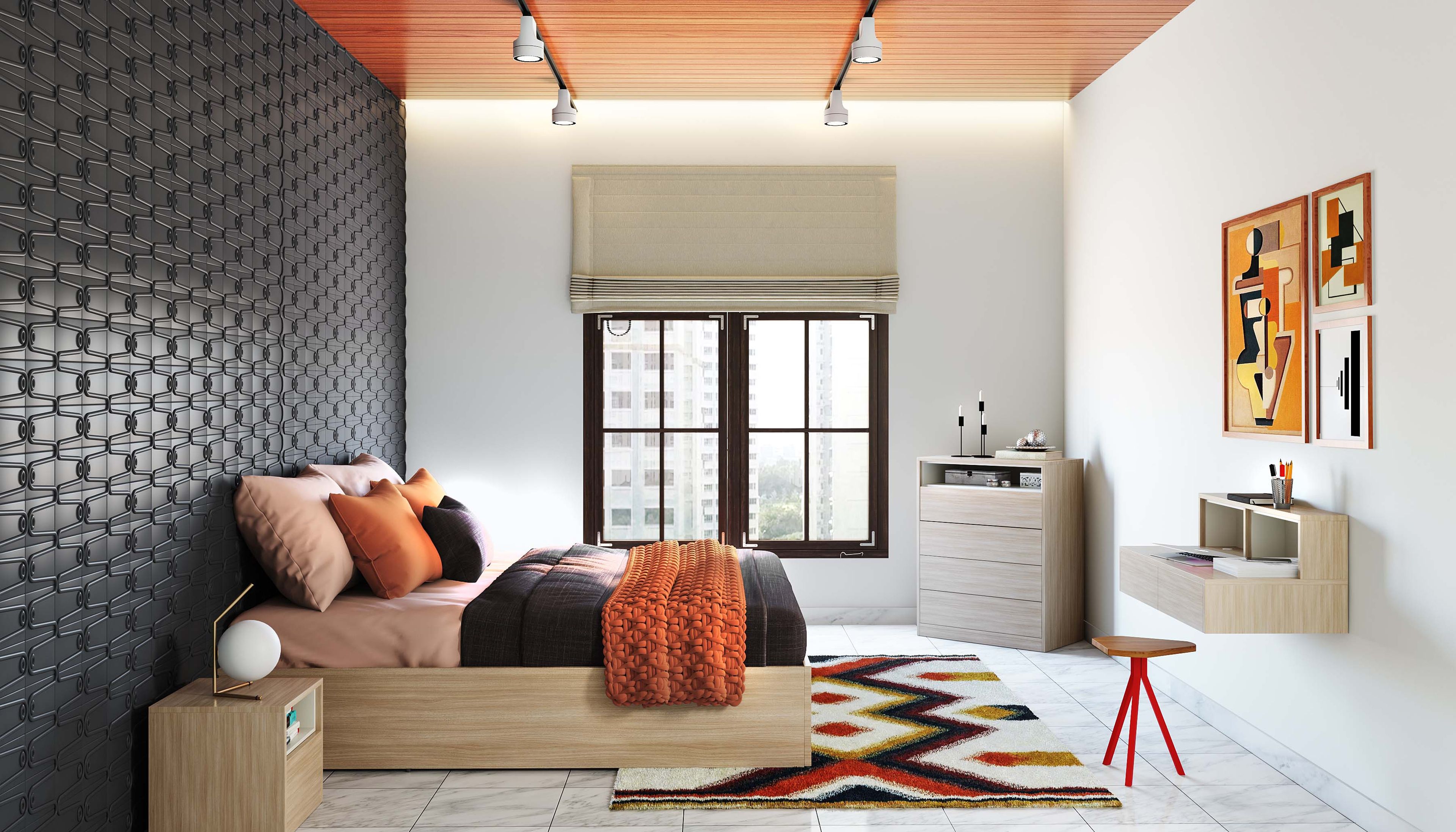 Modern single-layered wooden false ceiling design with track lighting - Livspace