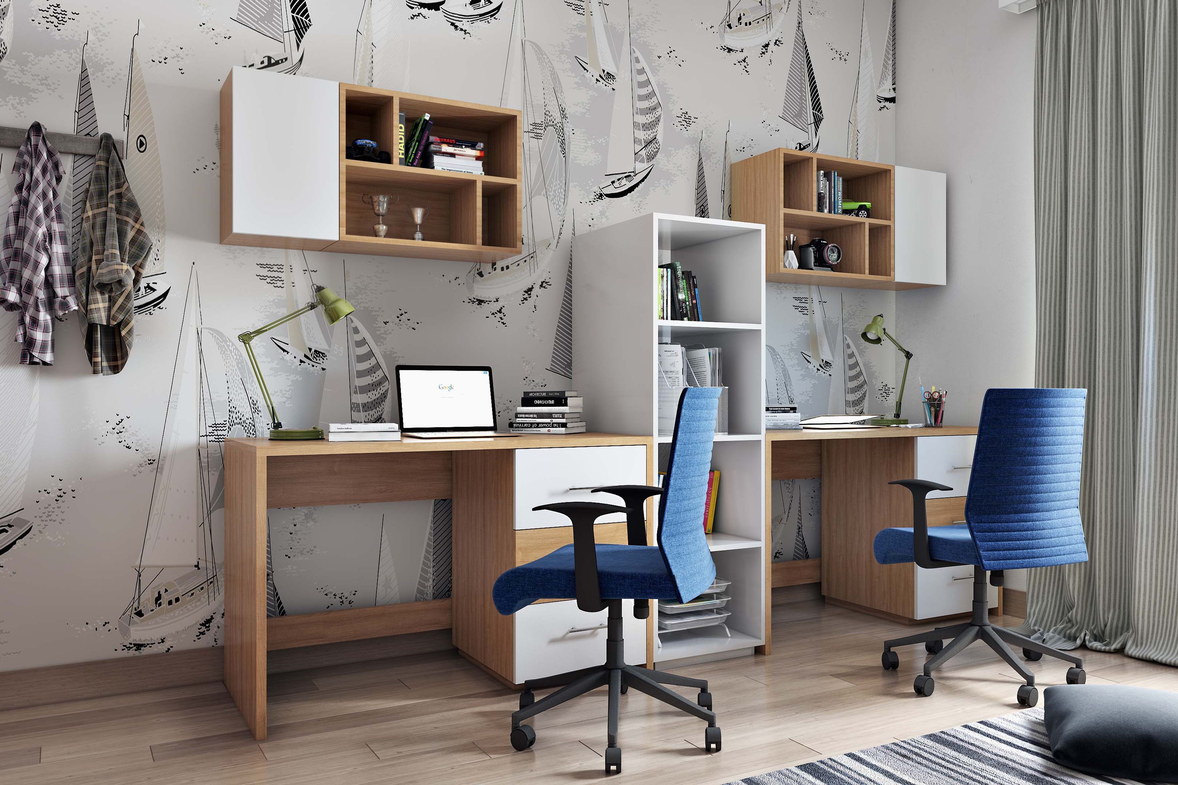 Modern home office design with  tiepolo desk,open storage, and frosty white wall storage - Livspace