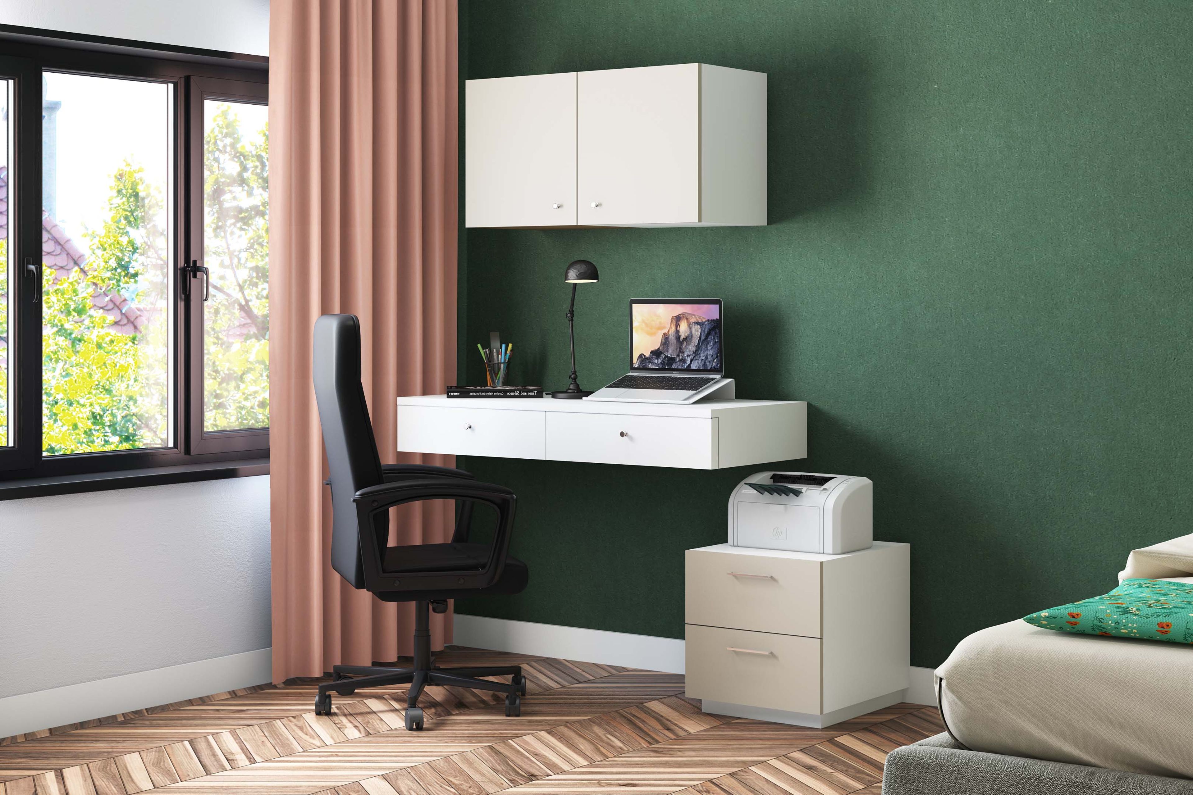 Compact Modern Home Office Design in White and Green Tone