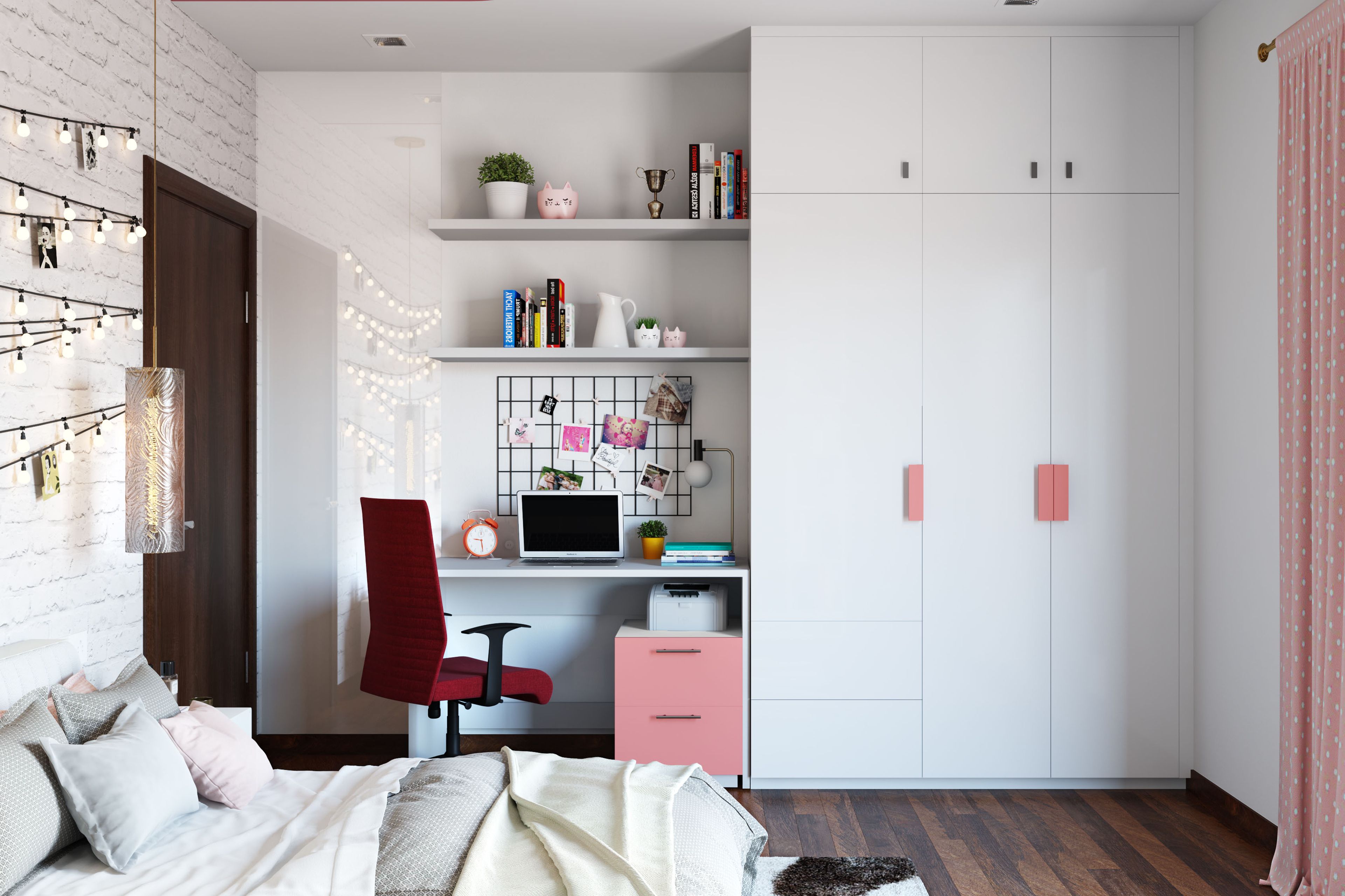 Contemporary Home Office Design With Pink and Off White Storage